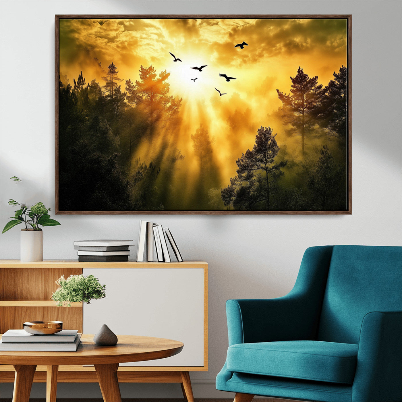 13776802-MGV-FC-36X24_Walnut-Golden Forest Wall Art Canvas Print, Framed Sunset Pines Art Picture Print, Flying Birds Perfect Nature Glow Decor Artwork