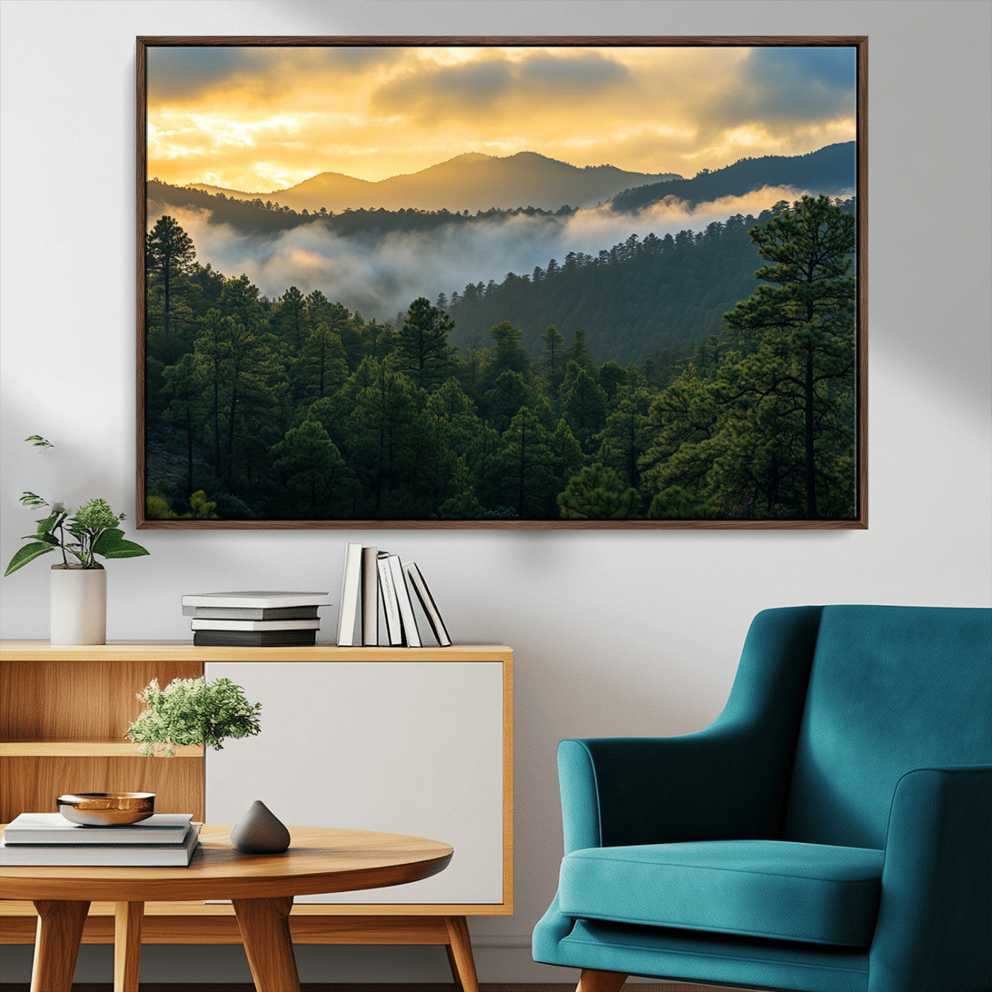 68082278-MGV-CV-36X24-Mountain Sunrise Wall Art Canvas Print, Framed Pine Forest Art Picture Print, Misty Mountains Perfect Earthy Woodland Decor