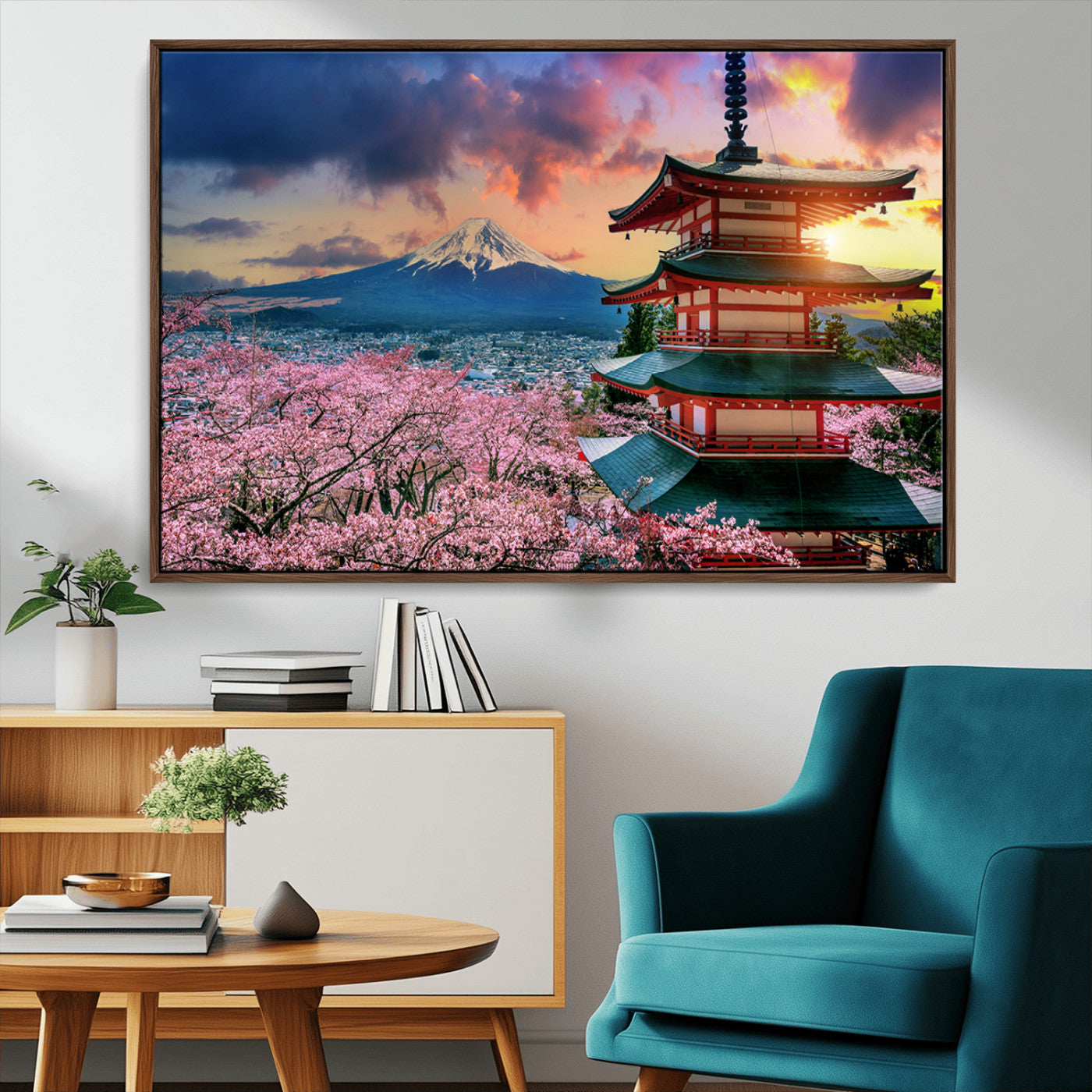 32331262-MGV-CV-36X24-Mount Fuji Japan Wall Art – Cherry Blossom Landscape Canvas Print, Chureito Pagoda Sunset Photography, Japanese Nature Travel