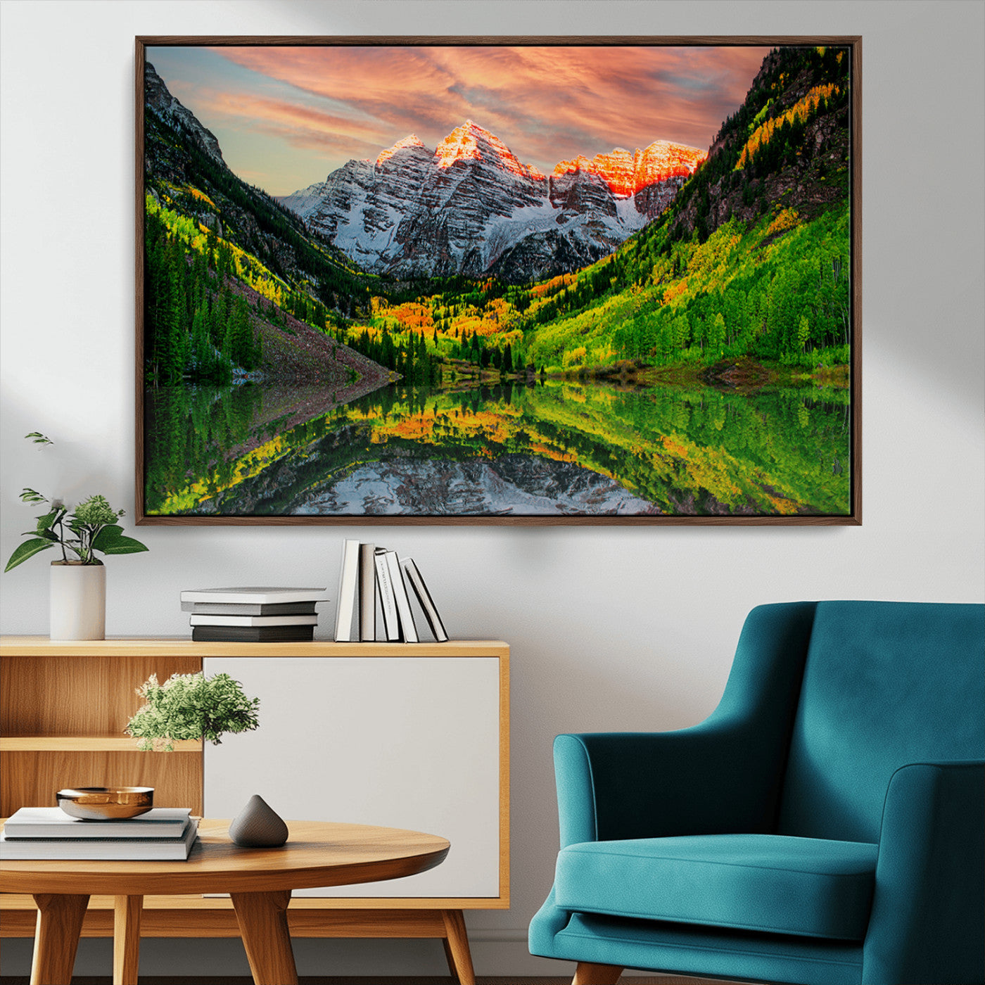 59533484-MGV-CV-36X24-Maroon Bells Autumn Wall Art – Panoramic Mountain Landscape Canvas Print, Sunset Reflection Nature Artwork for Living Room, Office