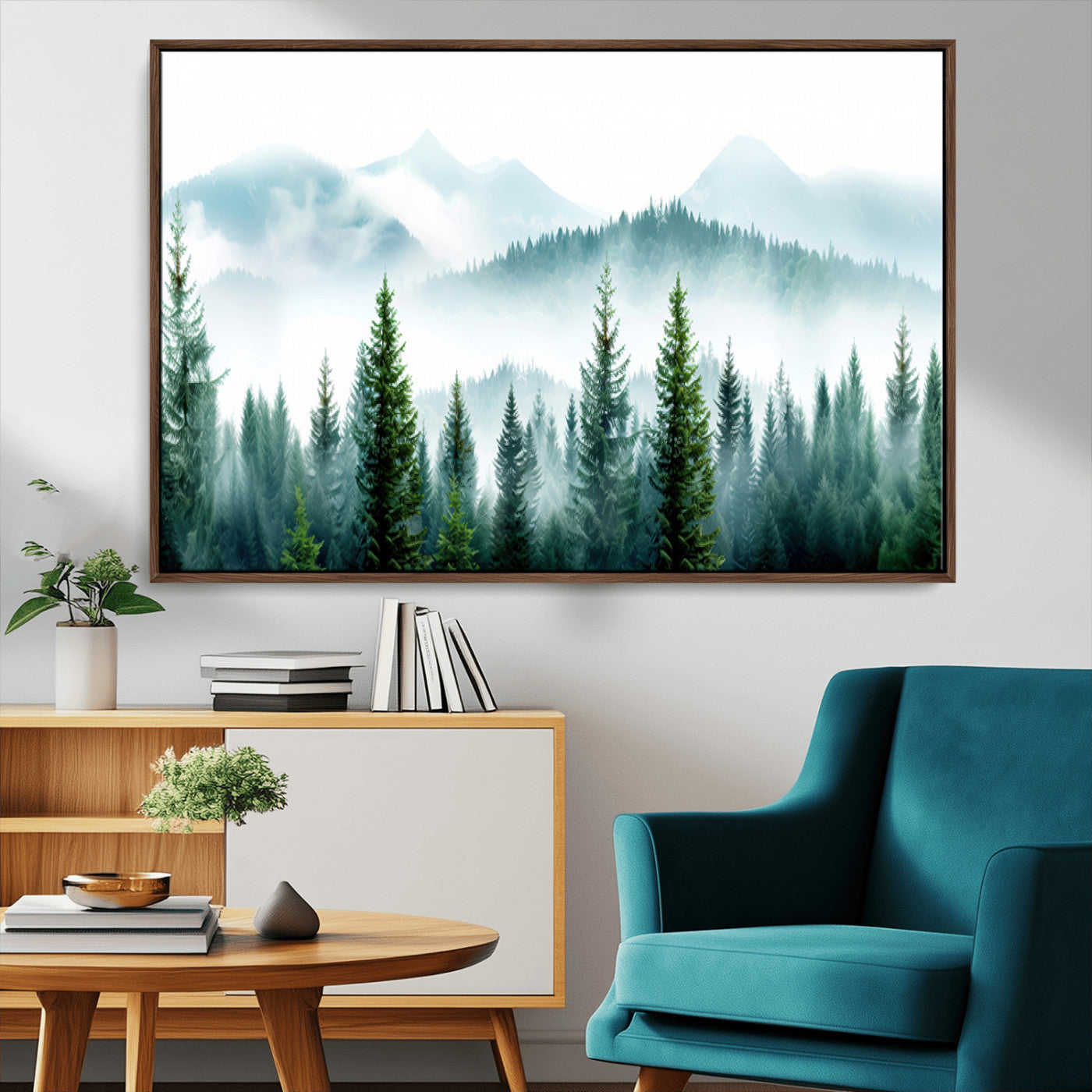 16716676-MGV-CV-36X24-Pine Forest Wall Art Canvas Print, Framed Misty Mountains Art Picture Print, Foggy Trees Perfect Moody Forest Decor Artwork