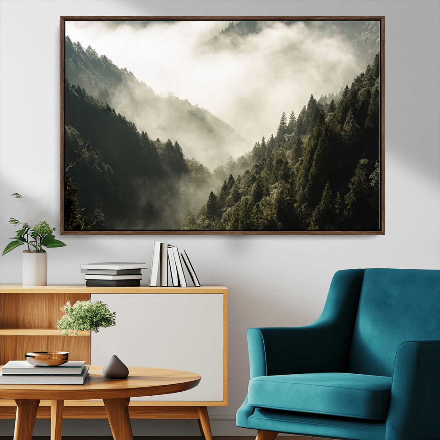 57570237-MGV-CV-36X24-Misty Valley Wall Art Canvas Print, Framed Foggy Forest Art Picture Print, Pine Trees Perfect Moody Woodland Decor Artwork