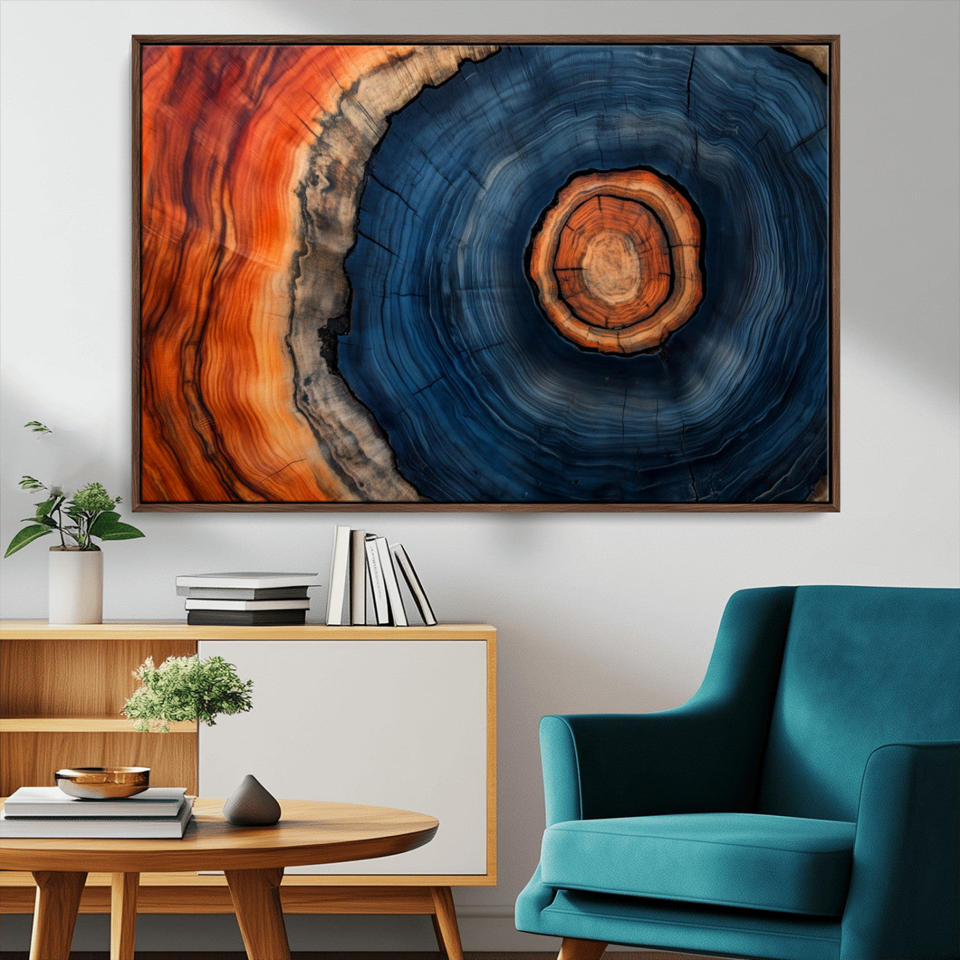 72209152-MGV-CV-36X24-Abstract Tree Ring Wall Art – Vibrant Blue Orange Wood Grain Canvas Print, Rustic Modern Nature Artwork for Living Room, Office,