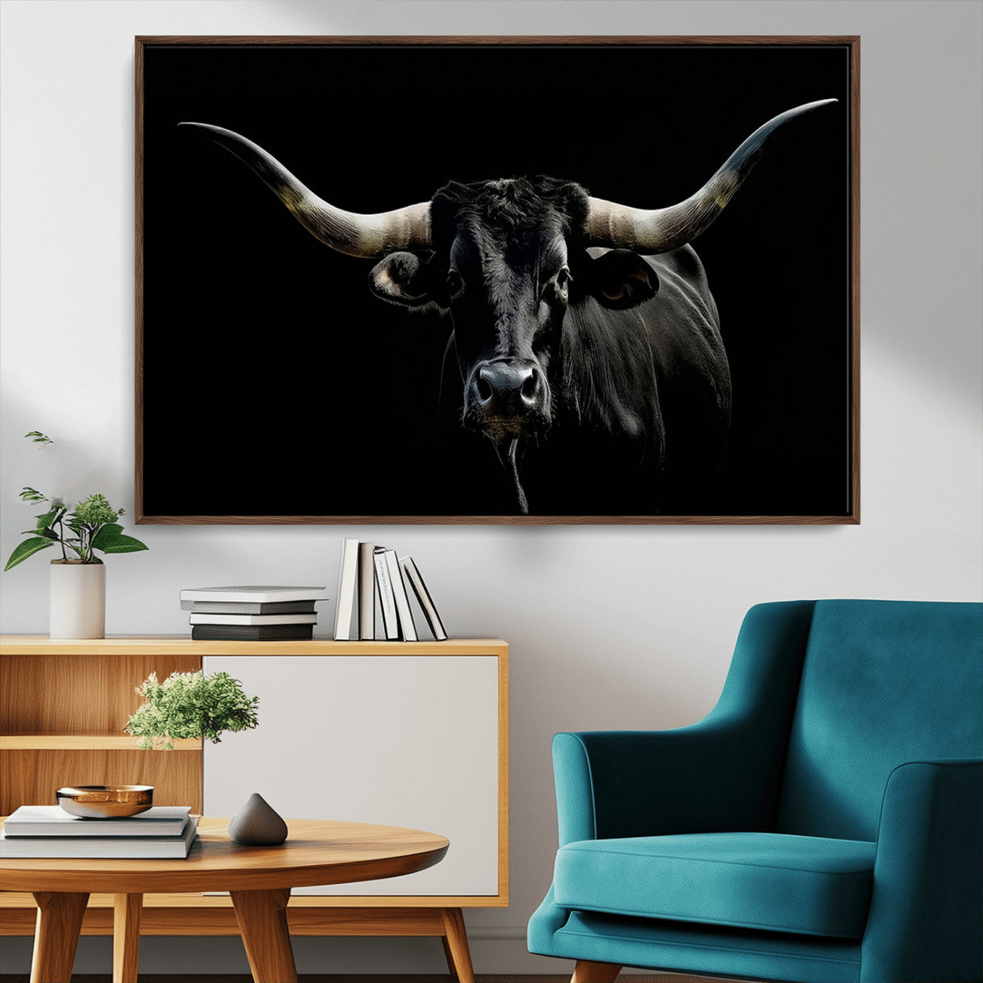 37531960-MGV-CV-36X24-Black Longhorn Bull Wall Art – Dramatic Western Cattle Canvas Print, Rustic Farmhouse Animal Artwork for Living Room, Bedroom,