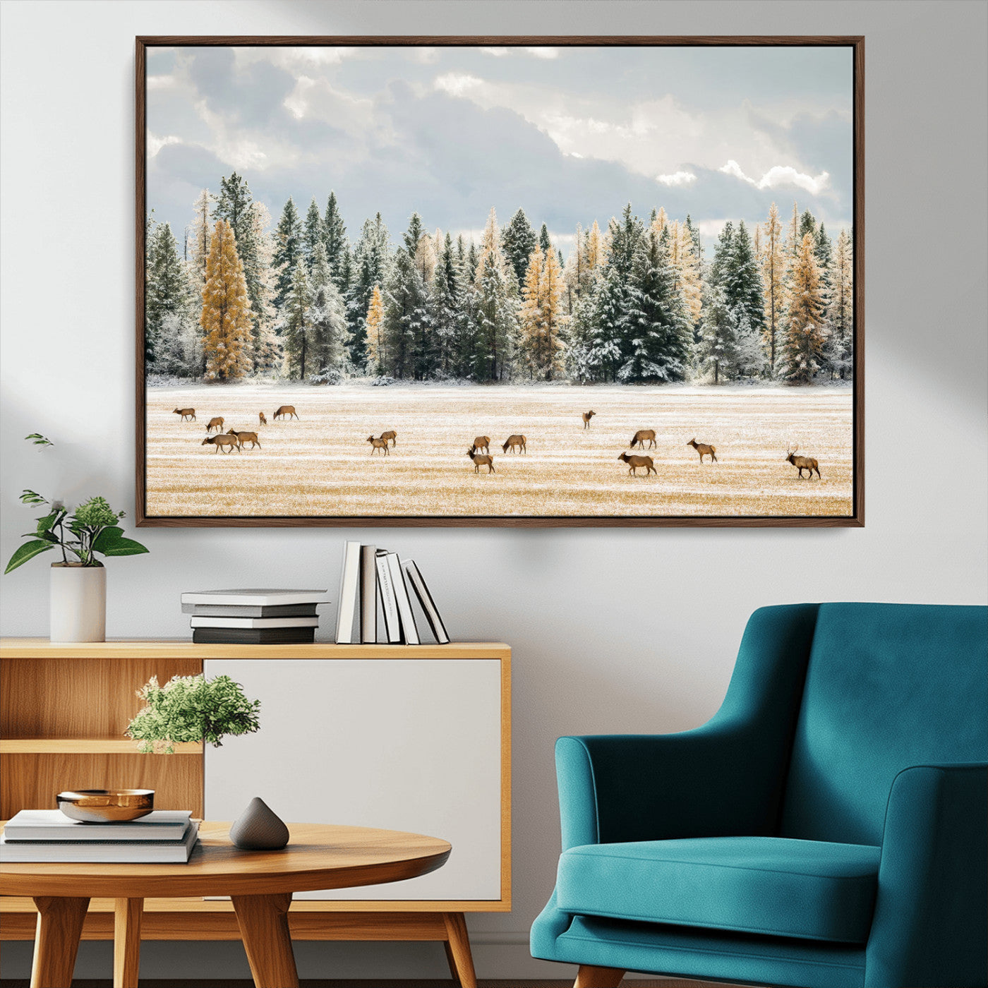 64188182-MGV-CV-36X24-Elk Herd Wall Art Canvas Print, Framed Snowy Forest Art Picture Print, Forest Elks Perfect Neutral Rustic Decor Artwork