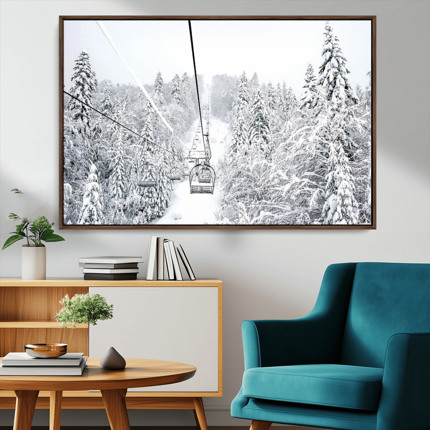 60296839-MGV-CV-36X24-Snowy Mountains Wall Art Canvas Print, Framed Ski Lift Art Picture Print, Winter Forest Perfect Winter Minimalist Decor Artwork