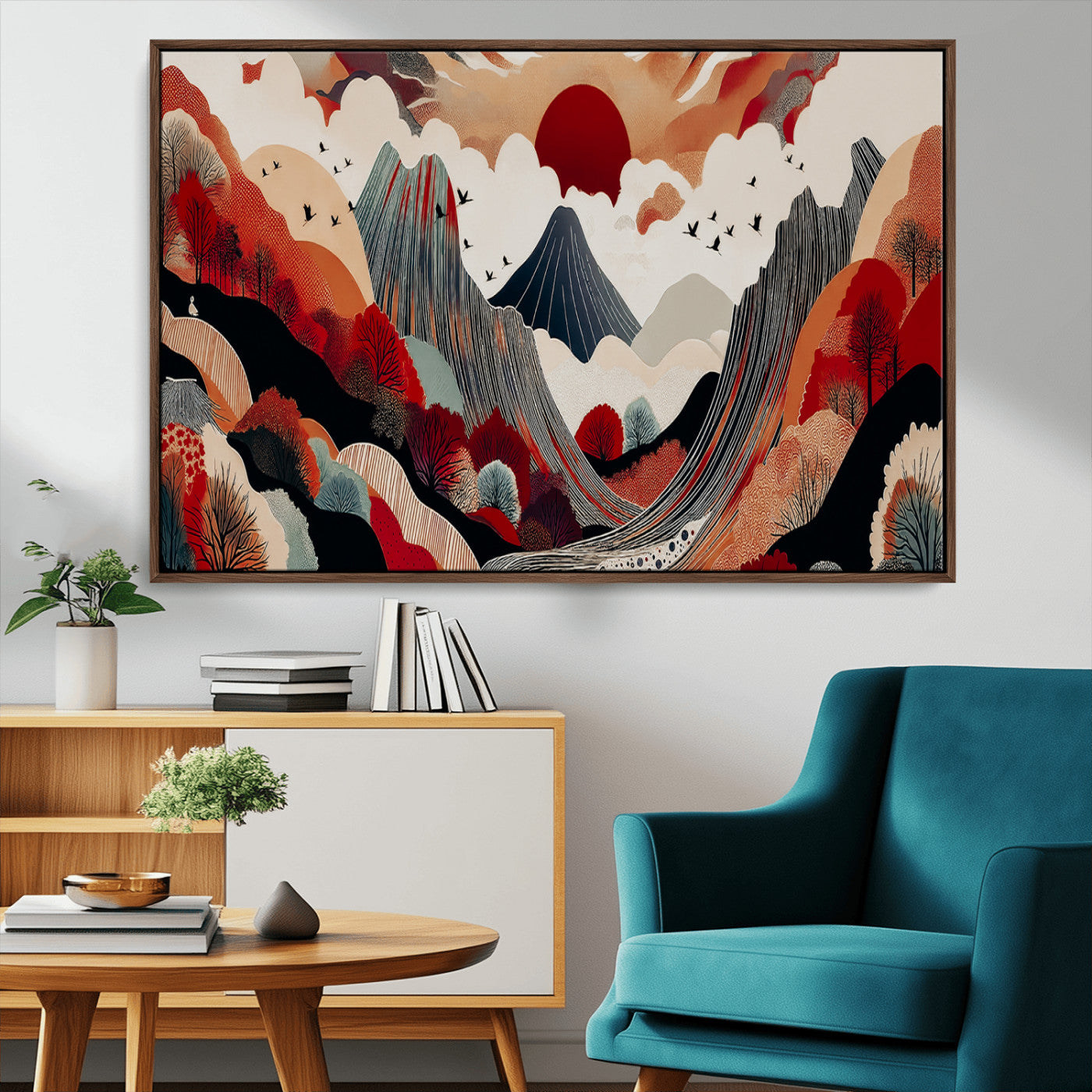 59495752-MGV-CV-36X24-Abstract Mountain Wall Art Canvas Print, Framed Vibrant Landscape Art Picture Print, Nature Drawing Perfect Contemporary