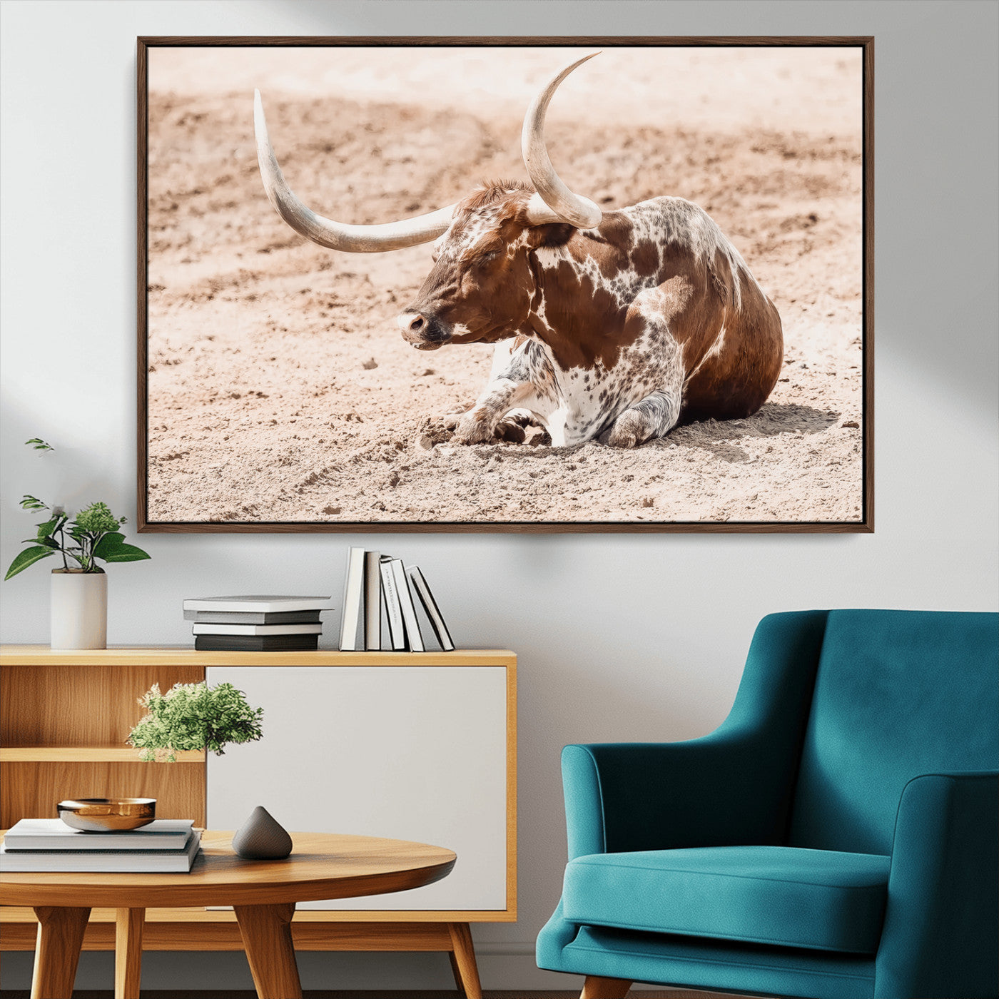 91248682-MGV-CV-36X24-Texas Longhorn Wall Art Canvas Print, Framed Resting Bull Art Picture Print, Spotted Cattle Perfect Rustic Western Decor Artwork