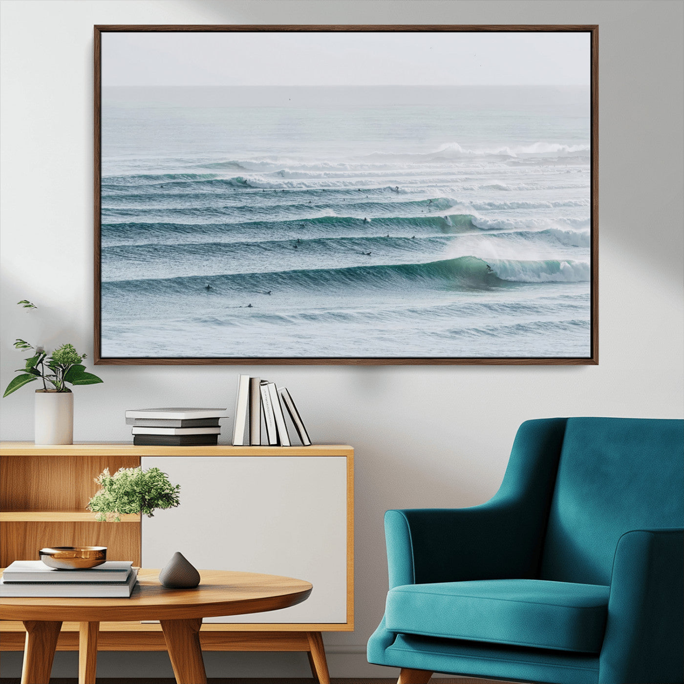 73969318-MGV-CV-36X24-Ocean Waves Wall Art Canvas Print, Framed Surfer Lineup Art Picture Print, Crowded Ocean Perfect Minimal Coastal Decor Artwork