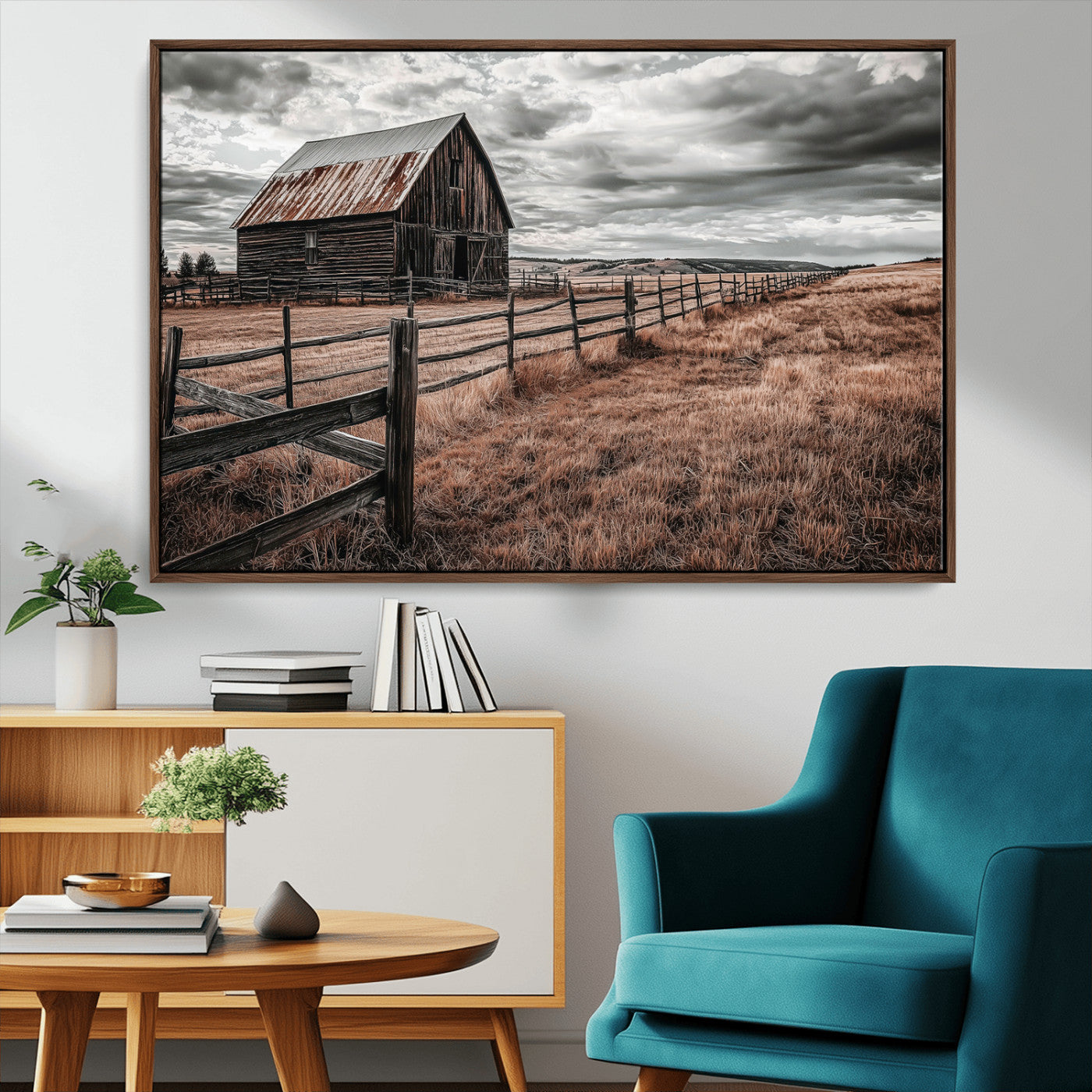 73898372-MGV-FC-36X24_Walnut-Rustic Barn Wall Art Canvas Print, Framed Moody Field Art Picture Print, Weathered Fence Perfect Moody Farmhouse Decor Artwork