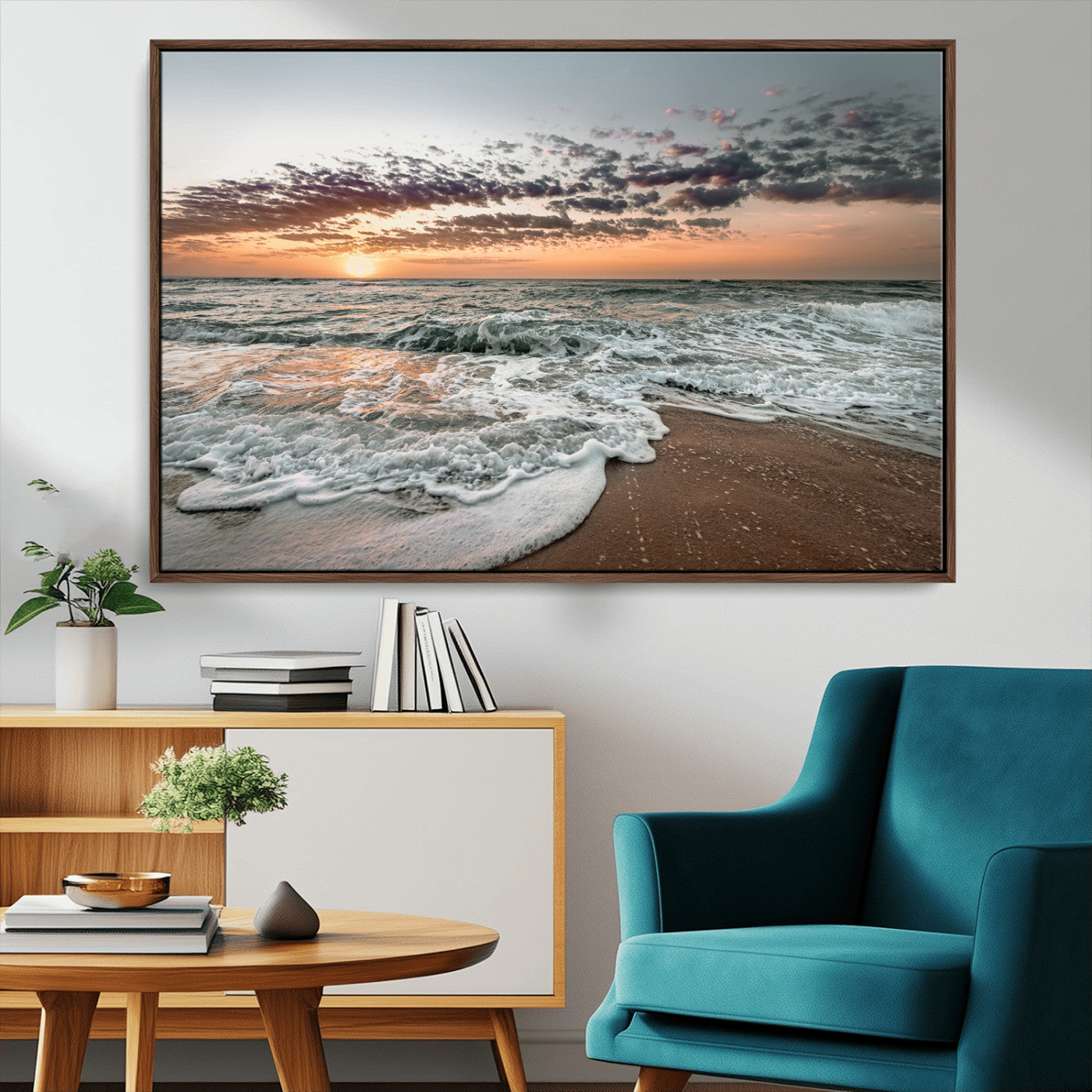 40632752-MGV-CV-36X24-Ocean Sunset Wall Art Canvas Print, Framed Beach Waves Art Picture Print, Coastal Scene Perfect Coastal Decor Artwork