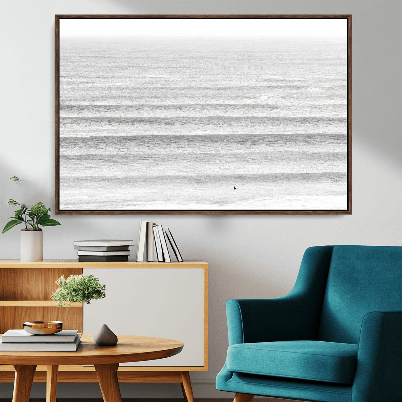66534476-MGV-CV-36X24-Lone Surfer Wall Art Canvas Print, Framed Ocean Waves Art Picture Print, Minimal Sea Perfect Minimal Coastal Decor Artwork
