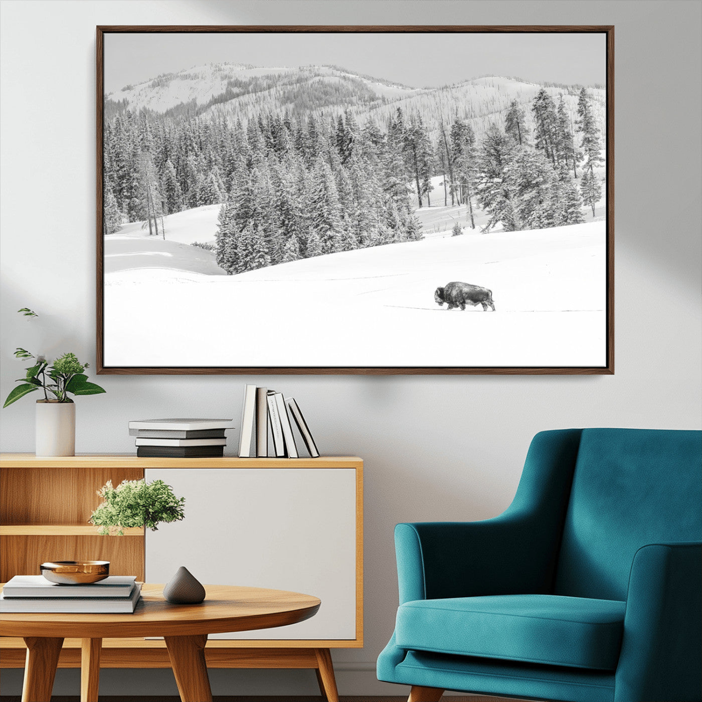 68081143-MGV-CV-36X24-Snowy Bison Wall Art Canvas Print, Framed Winter Forest Art Picture Print, Lone Bison Perfect Monochrome Winter Wild Decor Artwork