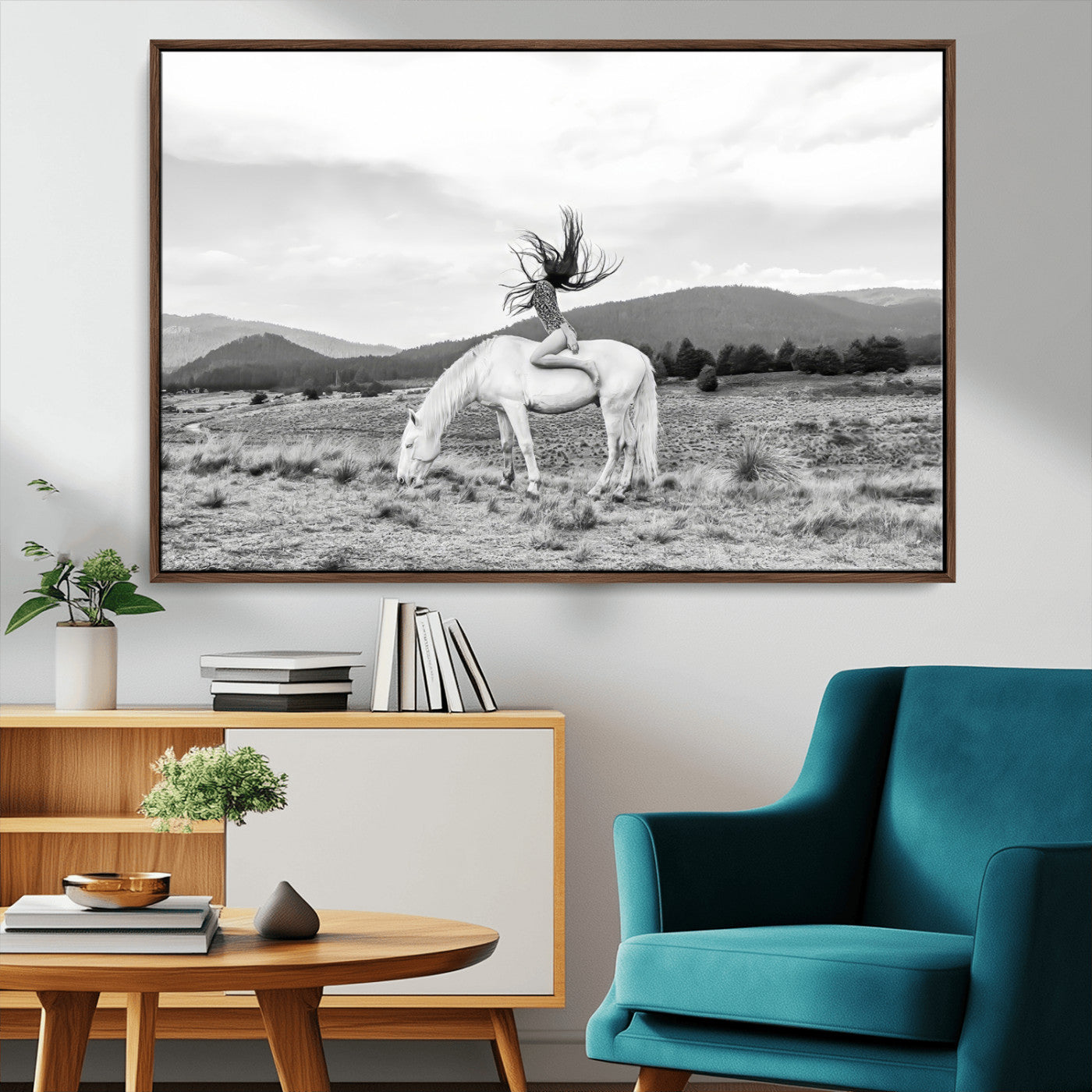 62789800-MGV-CV-36X24-White Horse Wall Art Canvas Print, Framed Woman Rider Art Picture Print, Equestrian Pose Perfect Western Boho Decor Artwork