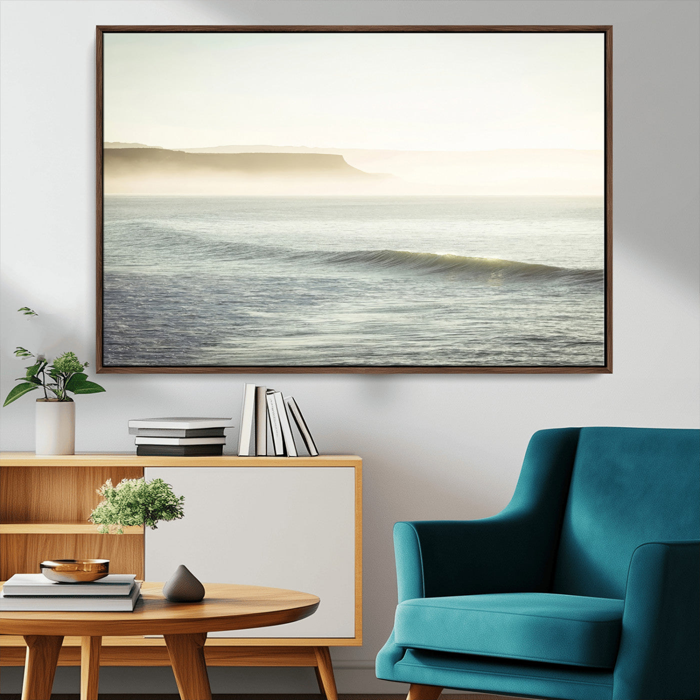 39310633-MGV-CV-36X24-Coastal Cliffs Wall Art Canvas Print, Framed Misty Ocean Art Picture Print, Morning Light Perfect Minimalistic Coastal Decor