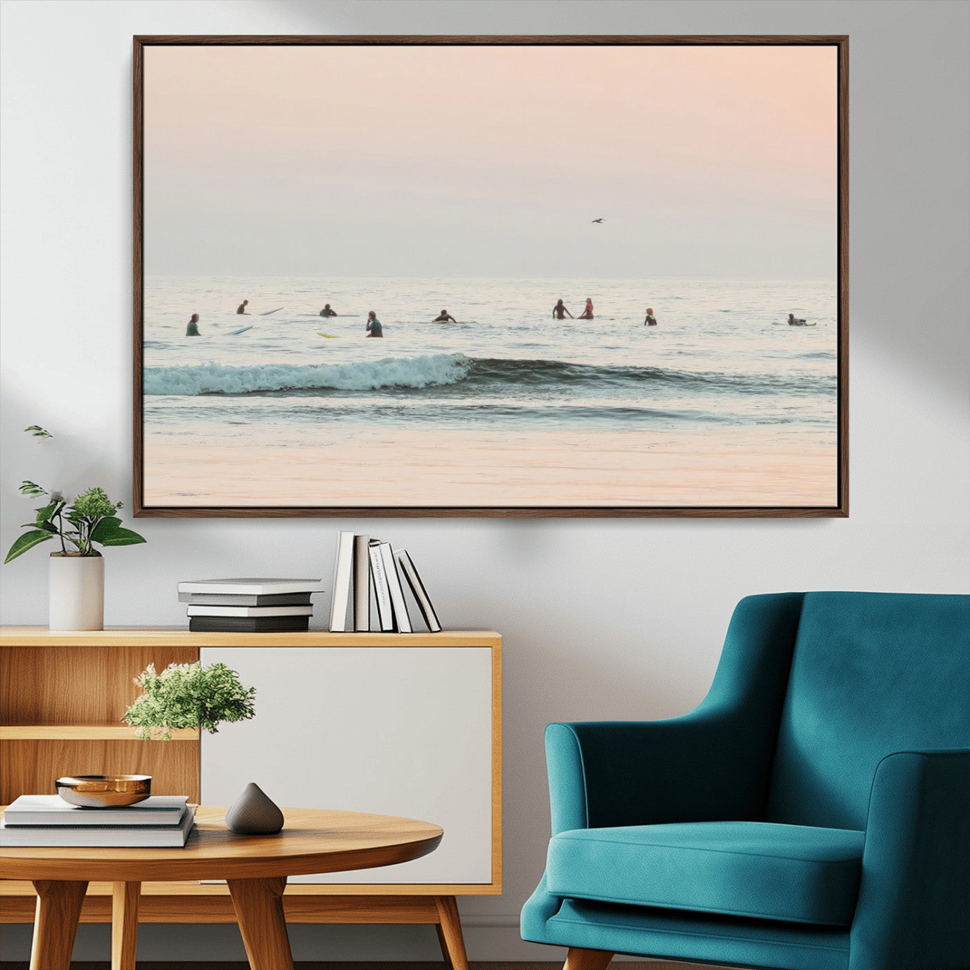 98888919-MGV-CV-36X24-Pastel Ocean Wall Art Canvas Print, Framed Soft Sunset Swimming Art Picture Print, Calm Sea Horizon Perfect Soft Coastal