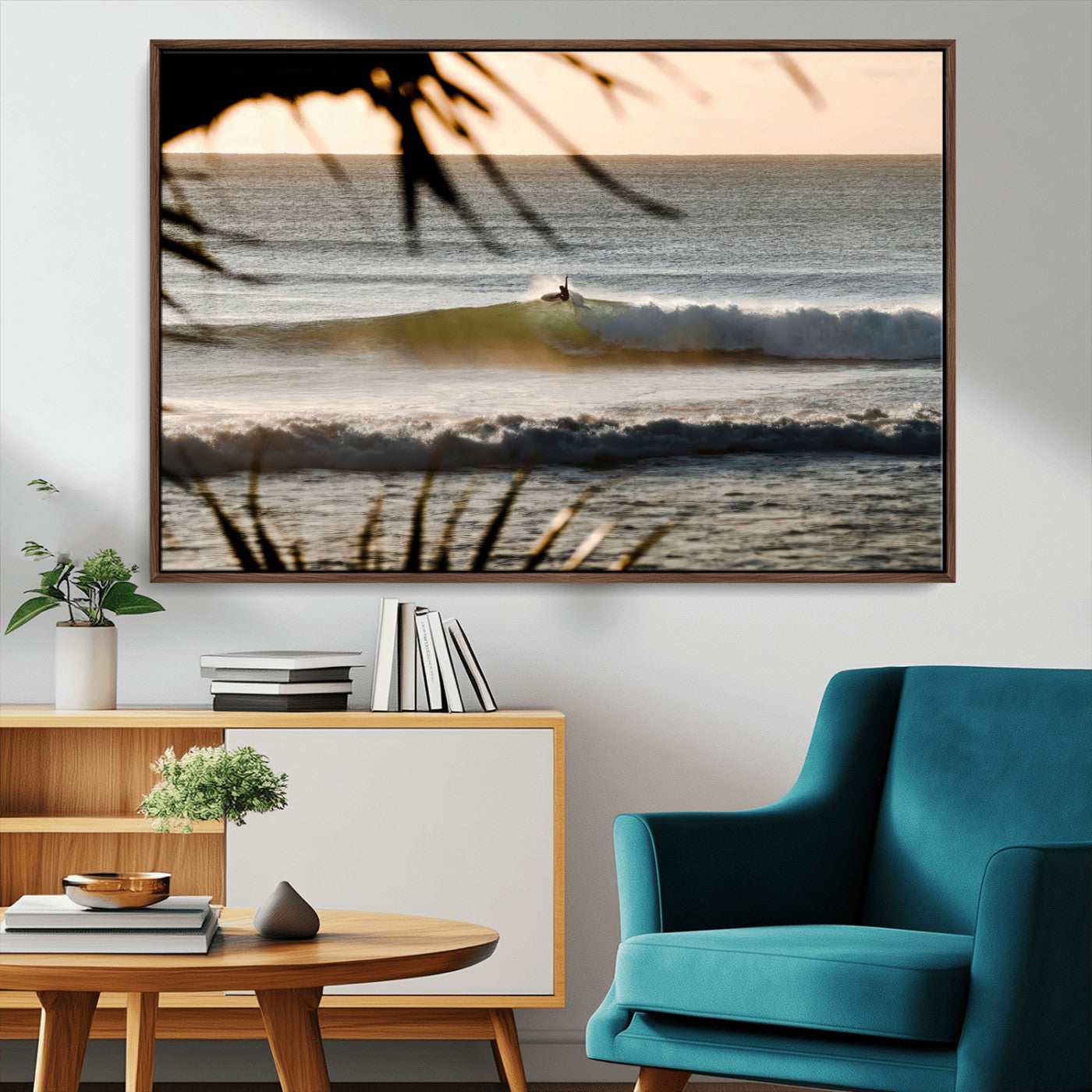 24896468-MGV-CV-36X24-Sunset Surf Wall Art Canvas Print, Framed Golden Waves Art Picture Print, Tropical Ocean Perfect Tropical Boho Decor Artwork