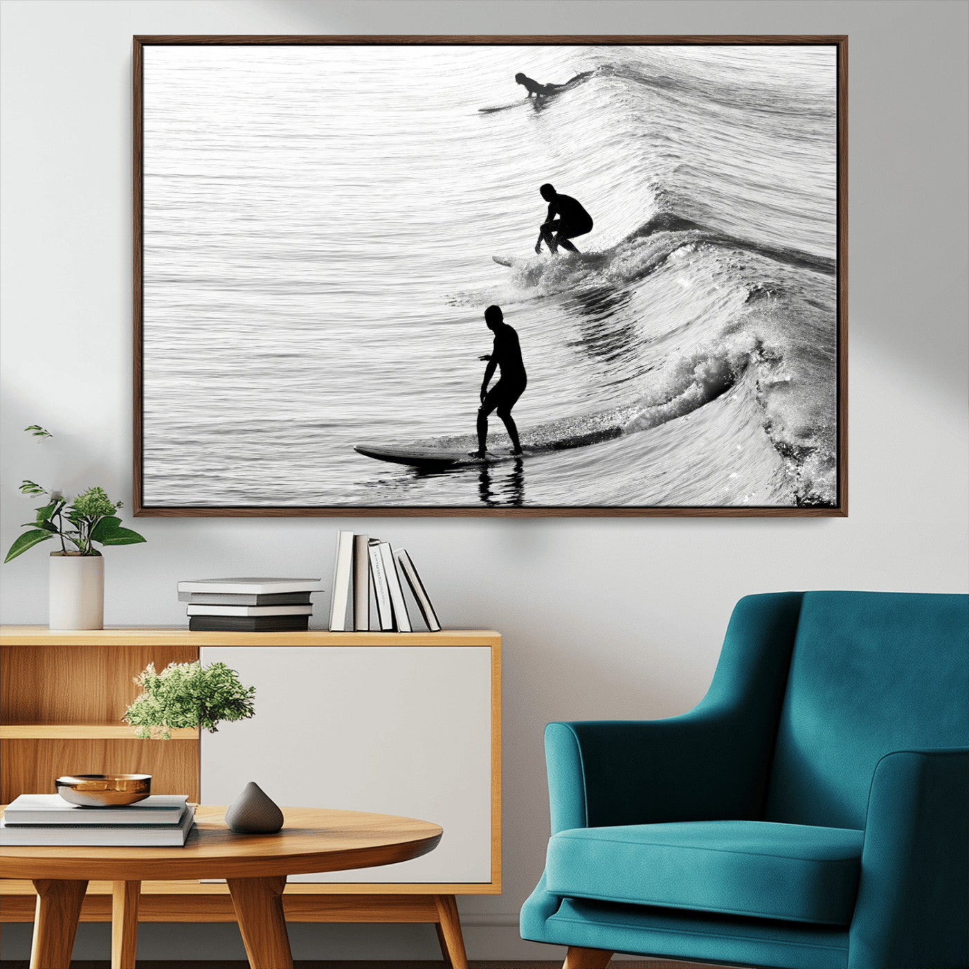 19875284-MGV-CV-36X24-Surfer Waves Wall Art Canvas Print, Framed Black White Surf Art Picture Print, Monochrome Ocean Perfect Modern Coastal Decor