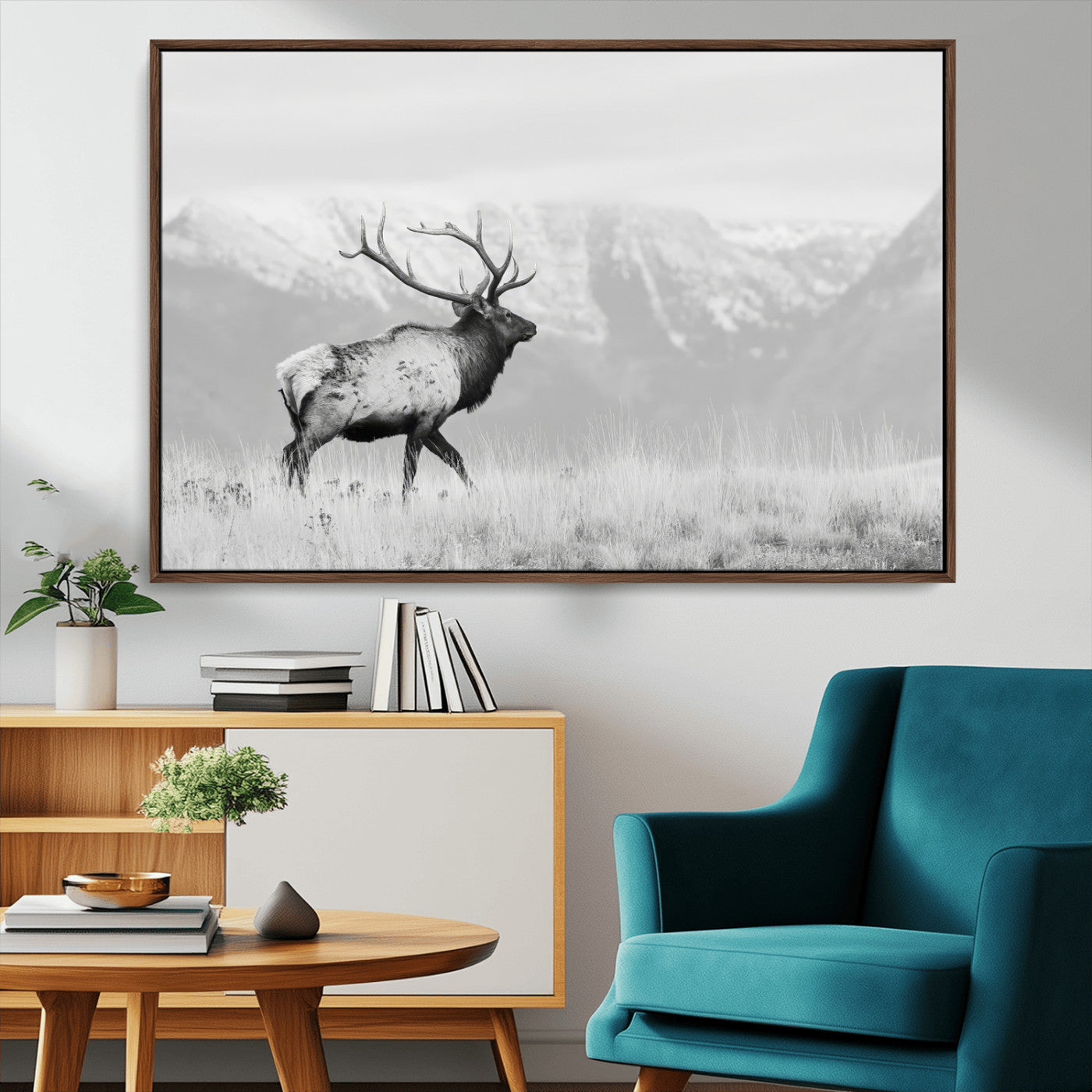 62278753-MGV-CV-36X24-Monochrome Elk Wall Art Canvas Print, Framed Mountain Wildlife Art Picture Print, Rustic Nature Perfect Rustic Minimalist Decor