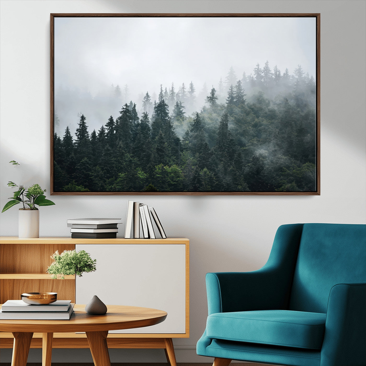 84146572-MGV-CV-36X24-Foggy Pine Trees Wall Art Canvas Print, Framed Forest Nature Art Picture Print, Evergreen Forest Perfect Scandinavian Minimalist