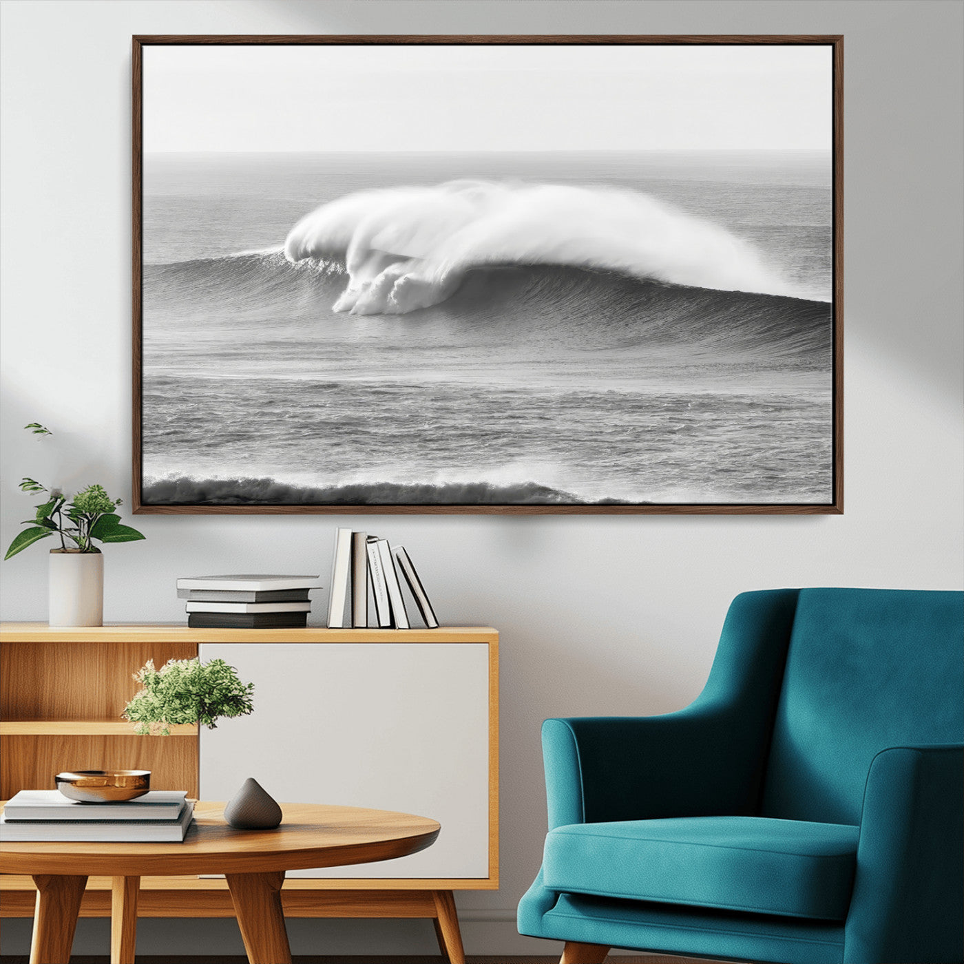 42544082-MGV-CV-36X24-Monochrome Seascape Wall Art Canvas Print, Framed Surf Wave Art Picture Print, Minimalist Ocean Perfect Moody Coastal Decor