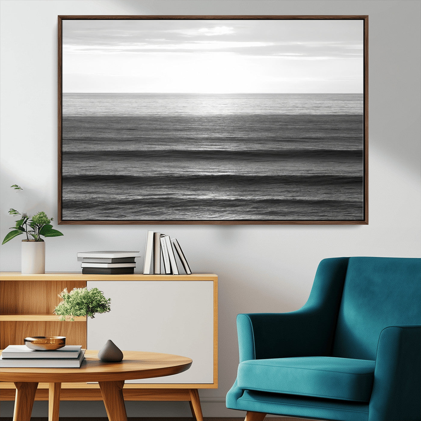 47305203-MGV-CV-36X24-Monochrome Ocean Wall Art Canvas Print, Framed Moody Ocean Art Picture Print, Calm Ocean Perfect Minimalist Coastal Decor Artwork
