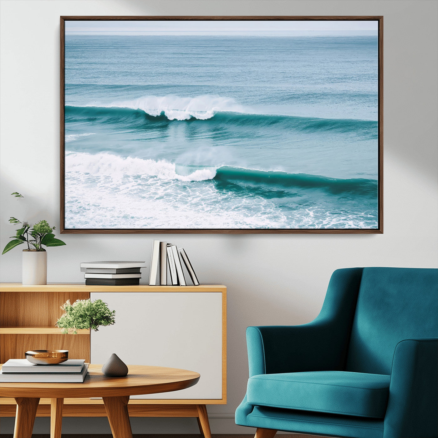73692470-MGV-FC-36X24_Walnut-Ocean Swell Wall Art Canvas Print, Framed Surf Waves Art Picture Print, Blue Water Perfect Coastal Dynamic Decor Artwork