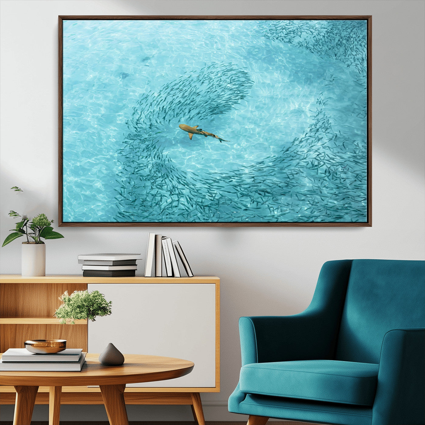 43671474-MGV-CV-36X24-Fish Swarm Wall Art Canvas Print, Framed Marine Life Art Picture Print, Shark Aerial Perfect Wildlife Coastal Decor Artwork