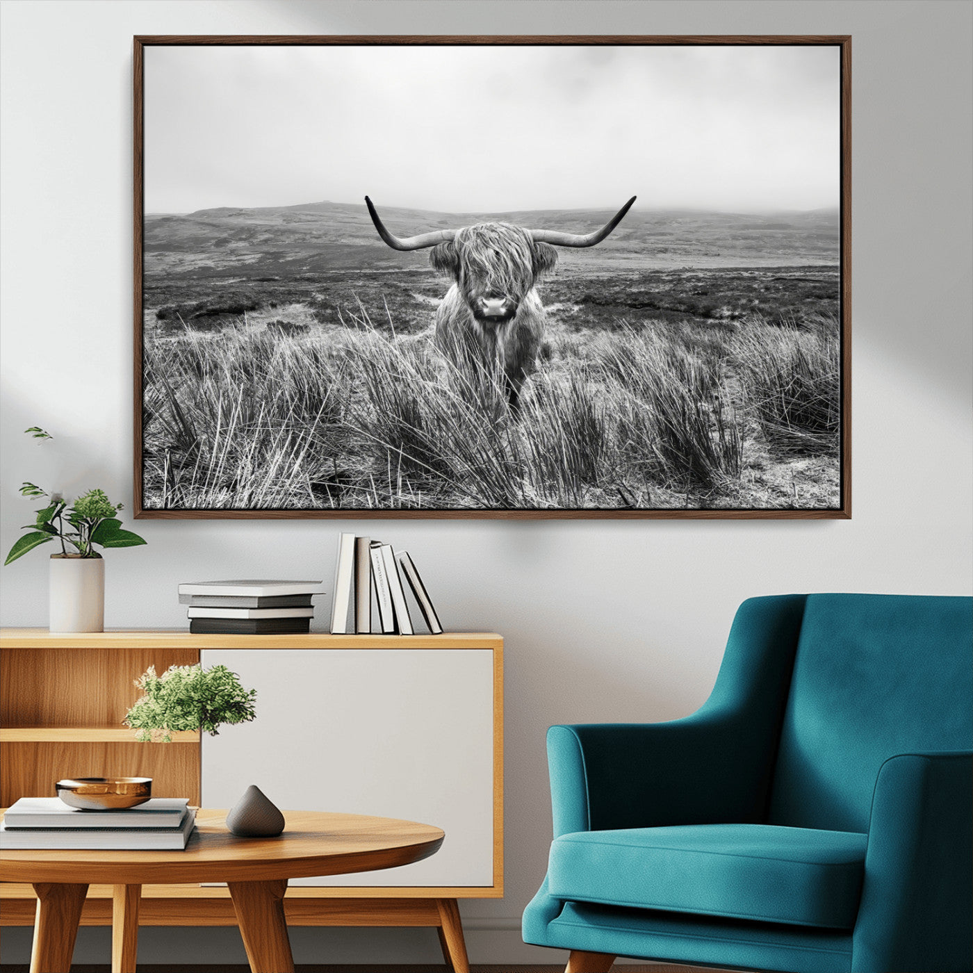 24051061-MGV-CV-36X24-Monochrome Highland Cow Wall Art Canvas Print, Framed Scottish Bull Art Picture Print, Lone Cattle Perfect Rustic Farmhouse Decor