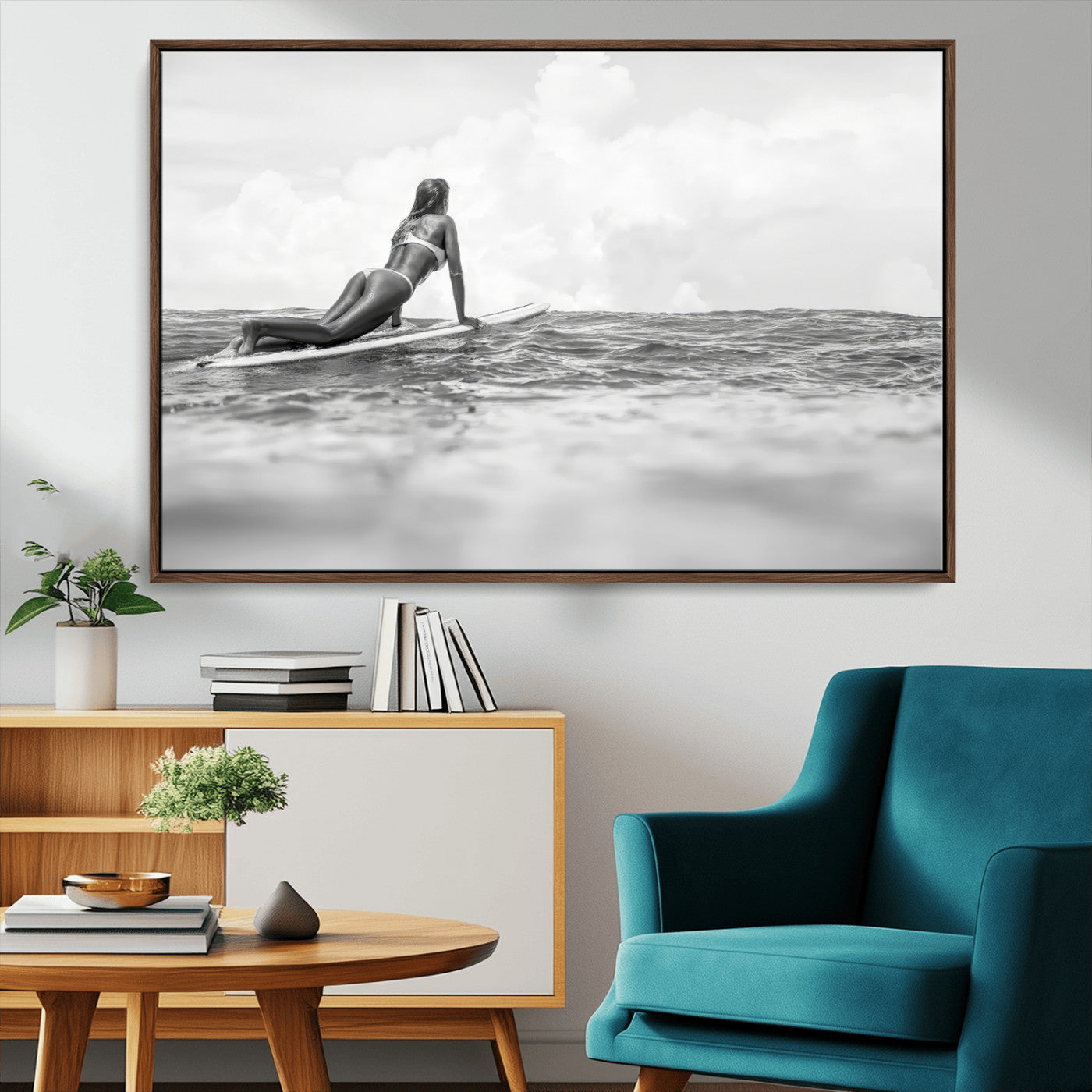 69798068-MGV-CV-36X24-Black White Surfing Wall Art Canvas Print, Framed Ocean Horizon Art Picture Print, Surfer Girl Perfect Coastal Adventure Decor