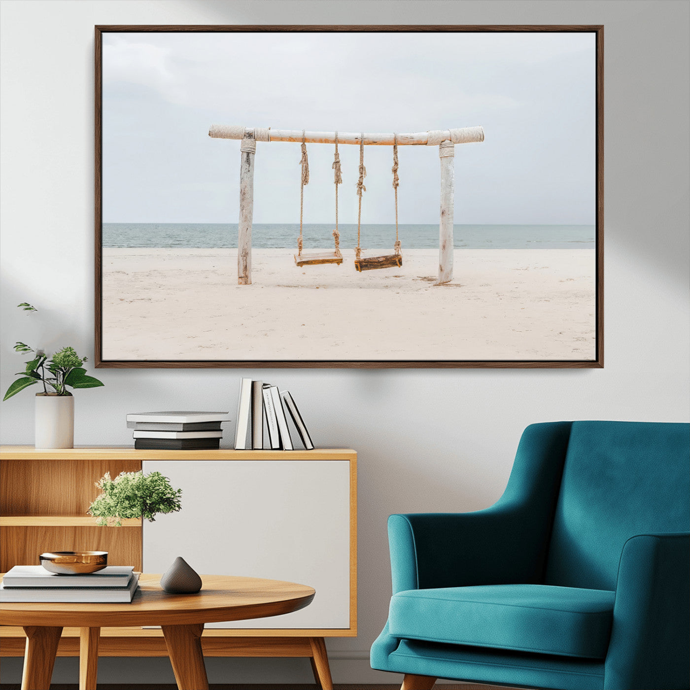 68327283-MGV-CV-36X24-Beach Swing Wall Art Canvas Print, Framed Quiet Beach Art Picture Print, Calm Shoreline Perfect Bohemian Coastal Decor Artwork
