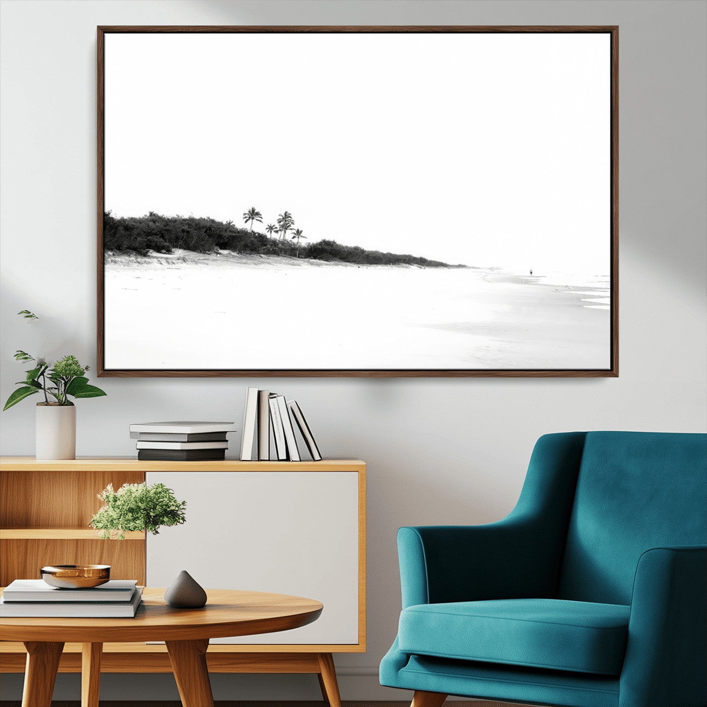 29611516-MGV-CV-36X24-Black White Beach Wall Art Canvas Print, Framed Palm Trees Art Picture Print, Monochrome Tropical Perfect Minimalist Coastal Decor