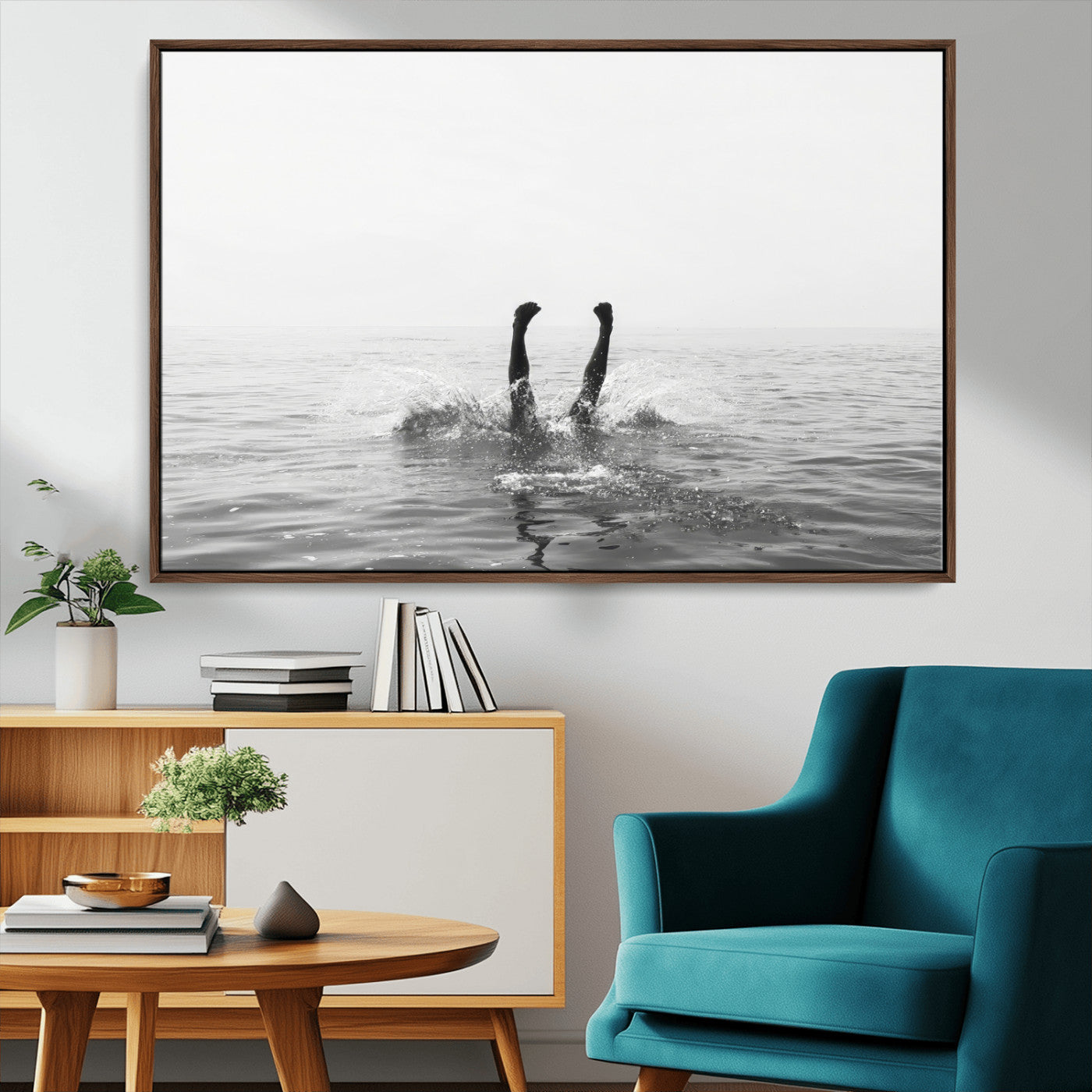 26667396-MGV-CV-36X24-Black White Ocean Wall Art Canvas Print, Framed Monochrome Water Art Picture Print, Diving into Water Perfect Minimalist Aquatic