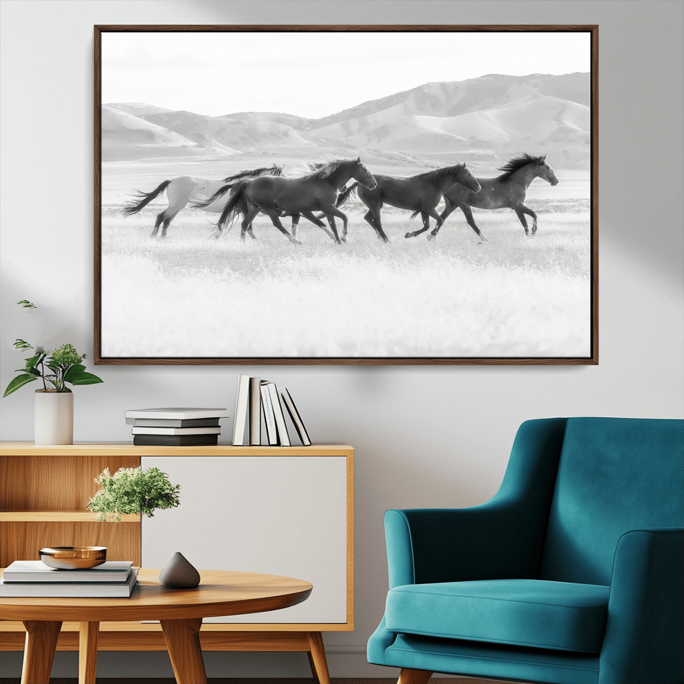 69934913-MGV-CV-36X24-Wild Horses Running Wall Art Canvas Print, Framed Black White Mustangs Art Picture Print, Rustic Western Perfect Rustic Western