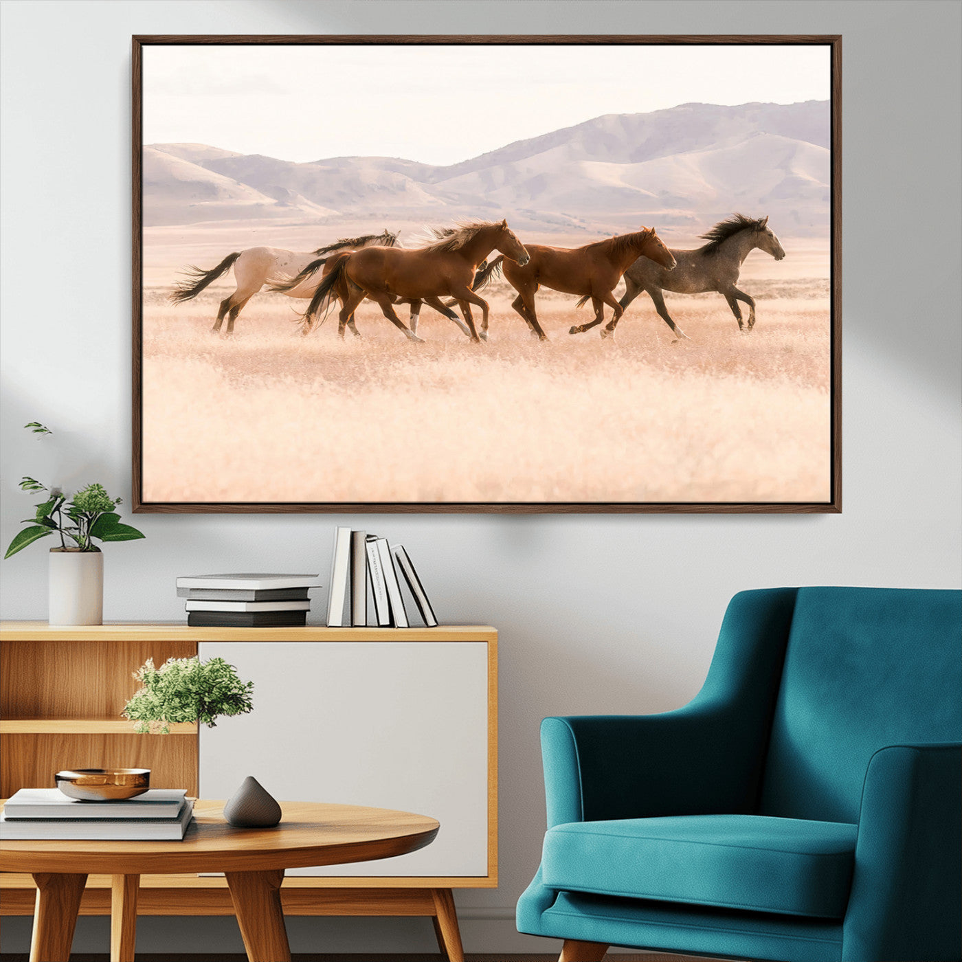 83644685-MGV-CV-36X24-Wild Horse Art Wall Art Canvas Print, Framed Rustic Western Art Picture Print, Desert Horse Scene Perfect Rustic Western Decor