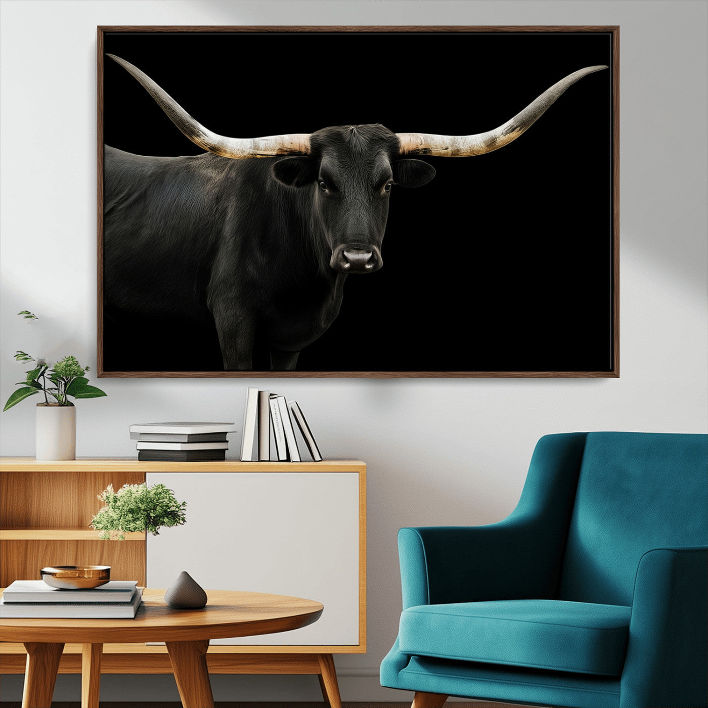 99448328-MGV-CV-36X24-Longhorn Cattle Wall Art Canvas Print, Framed Texas Ranch Art Picture Print, Western Cow Perfect Farmhouse Decor Artwork