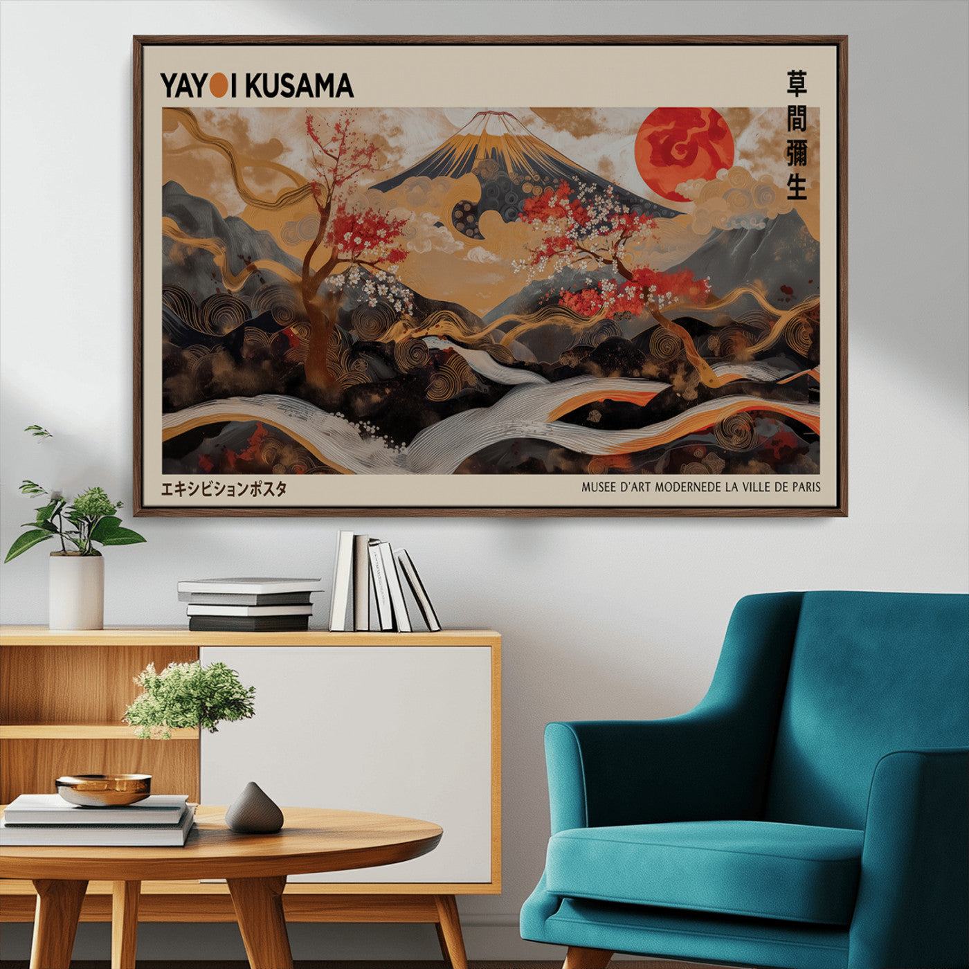 77970791-MGV-CV-36X24-Mount Fuji Golden Abstract Wall Art – Japanese Landscape Canvas Poster, Cherry Blossom & Red Sun Painting, Elegant Zen Oriental