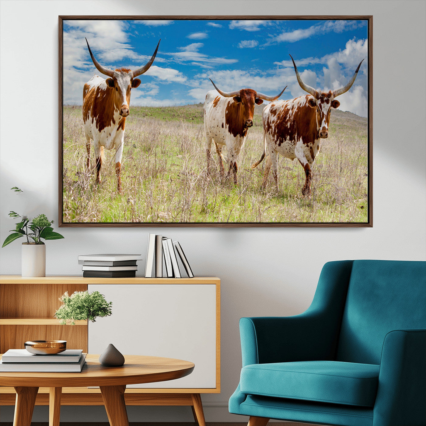 58099948-MGV-CV-36X24-Texas Longhorn Wall Art Canvas Print, Framed Western Decor Art Picture Print, Rustic Farmhouse Perfect Western Farmhouse Decor