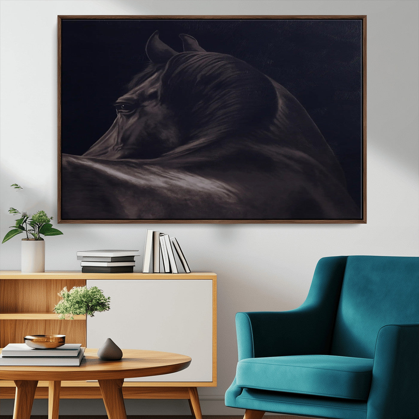 67026880-MGV-FC-36X24_Walnut-Black Horse Portrait Wall Art Canvas Print, Framed Moody Horse Decor Art Picture Print, Equestrian Wall Style Perfect Masculine