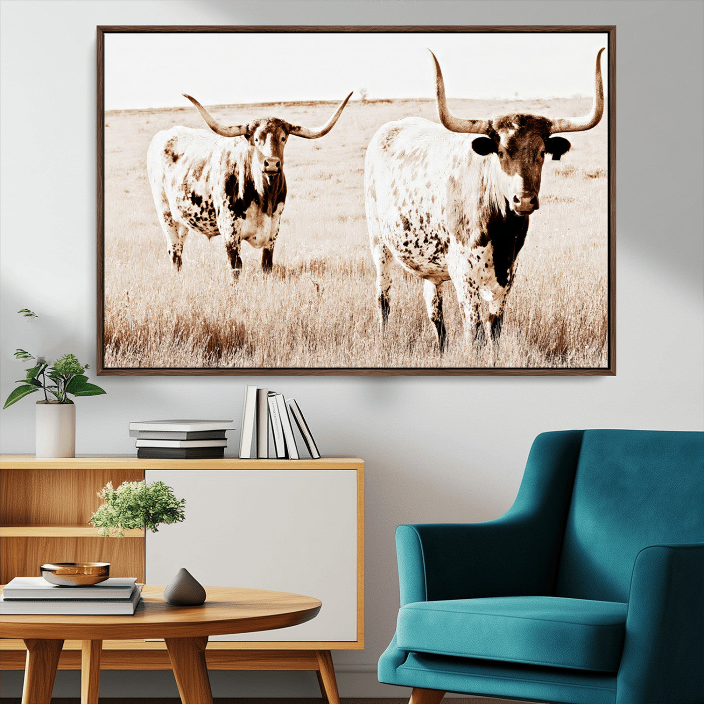 39672786-MGV-CV-36X24-Rustic Cow Scene Wall Art Canvas Print, Framed Farmhouse Style Cattle Art Picture Print, Prairie Animal Duo Perfect Rustic Western
