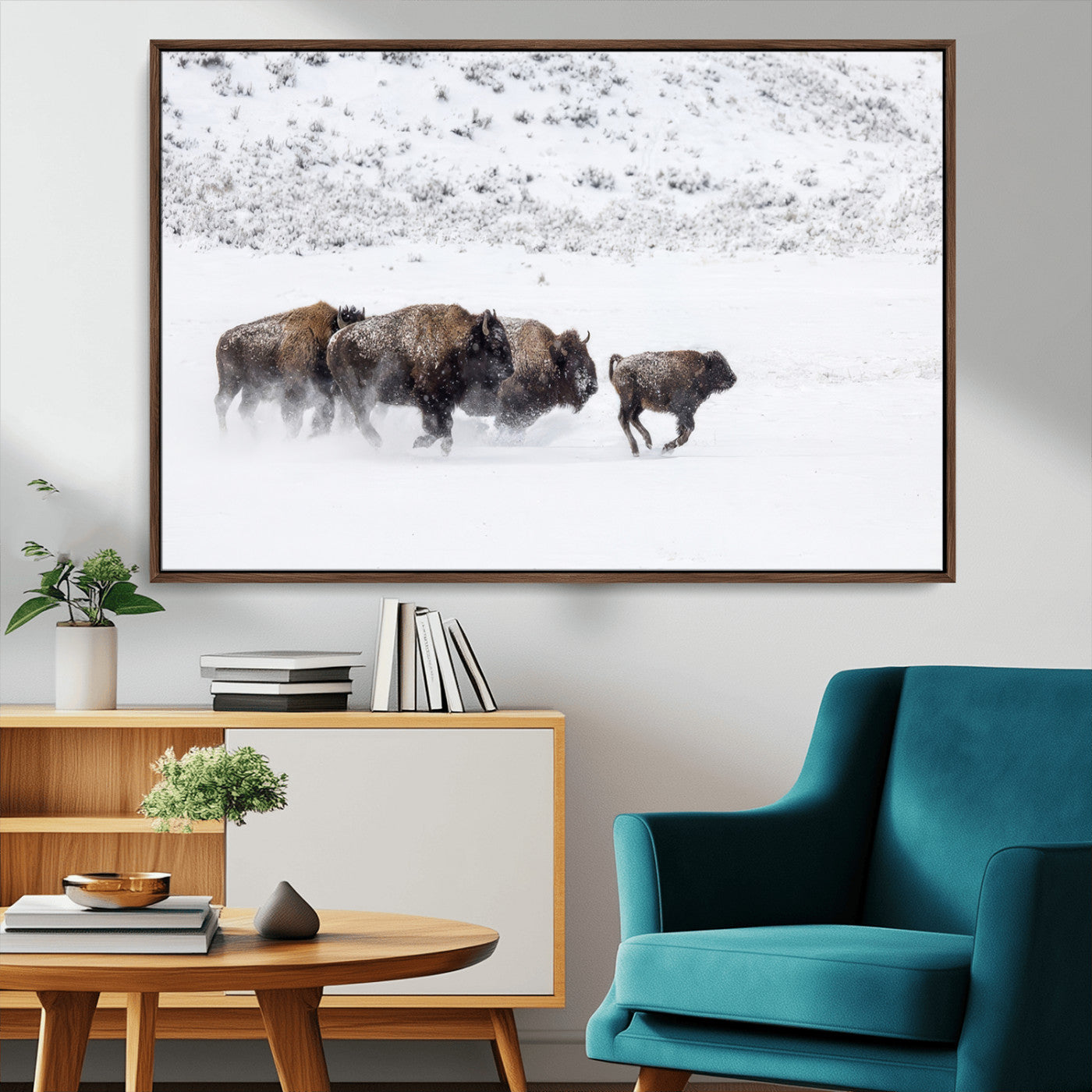 56216945-MGV-CV-36X24-Bison Herd Decor Wall Art Canvas Print, Framed Snowy Bison Scene Art Picture Print, Winter Wildlife Theme Perfect Rustic Western