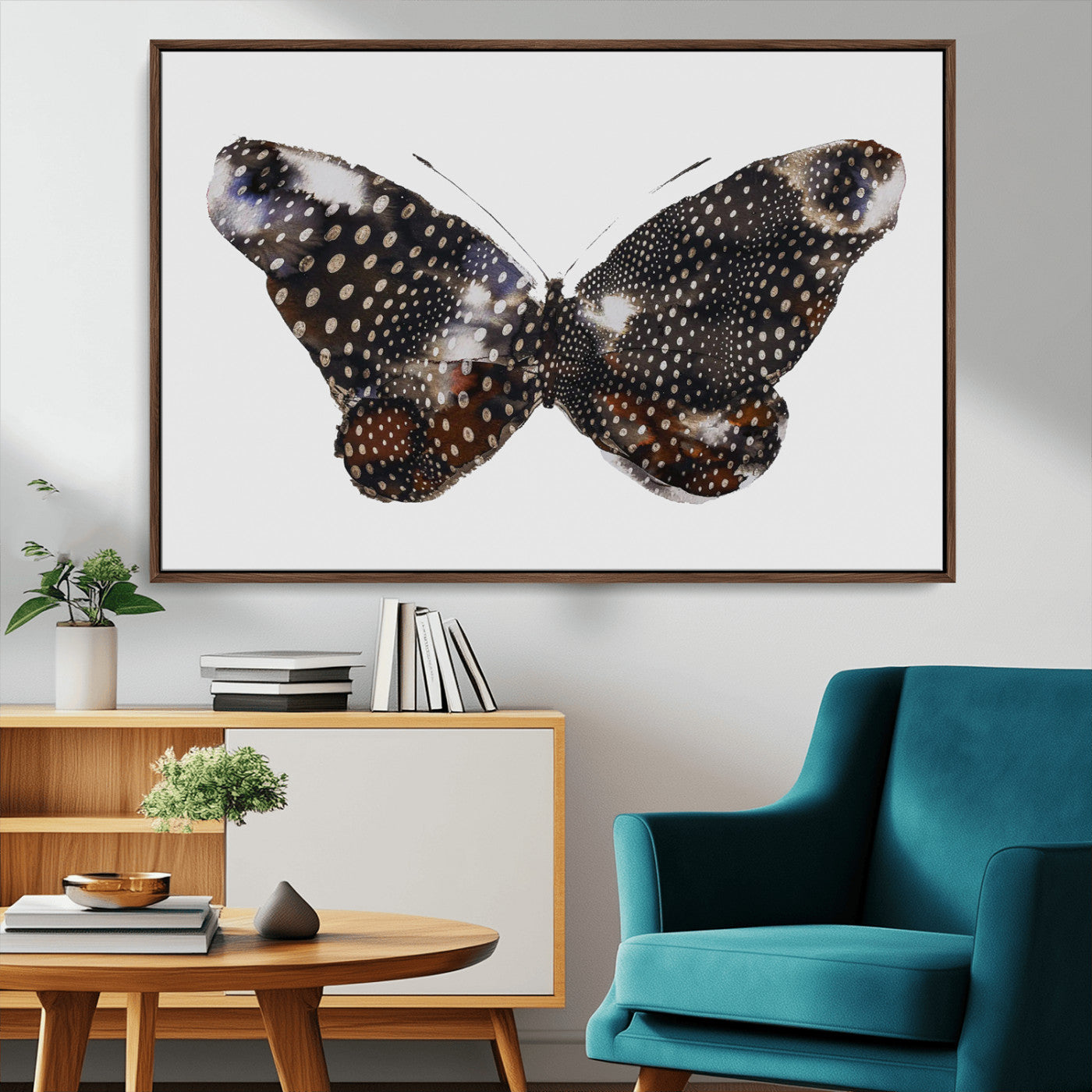 99831147-MGV-CV-36X24-Spotted Butterfly Wall Art Canvas Print, Framed Neutral Insect Theme Art Picture Print, Earthy Wing Pattern Perfect Modern Rustic