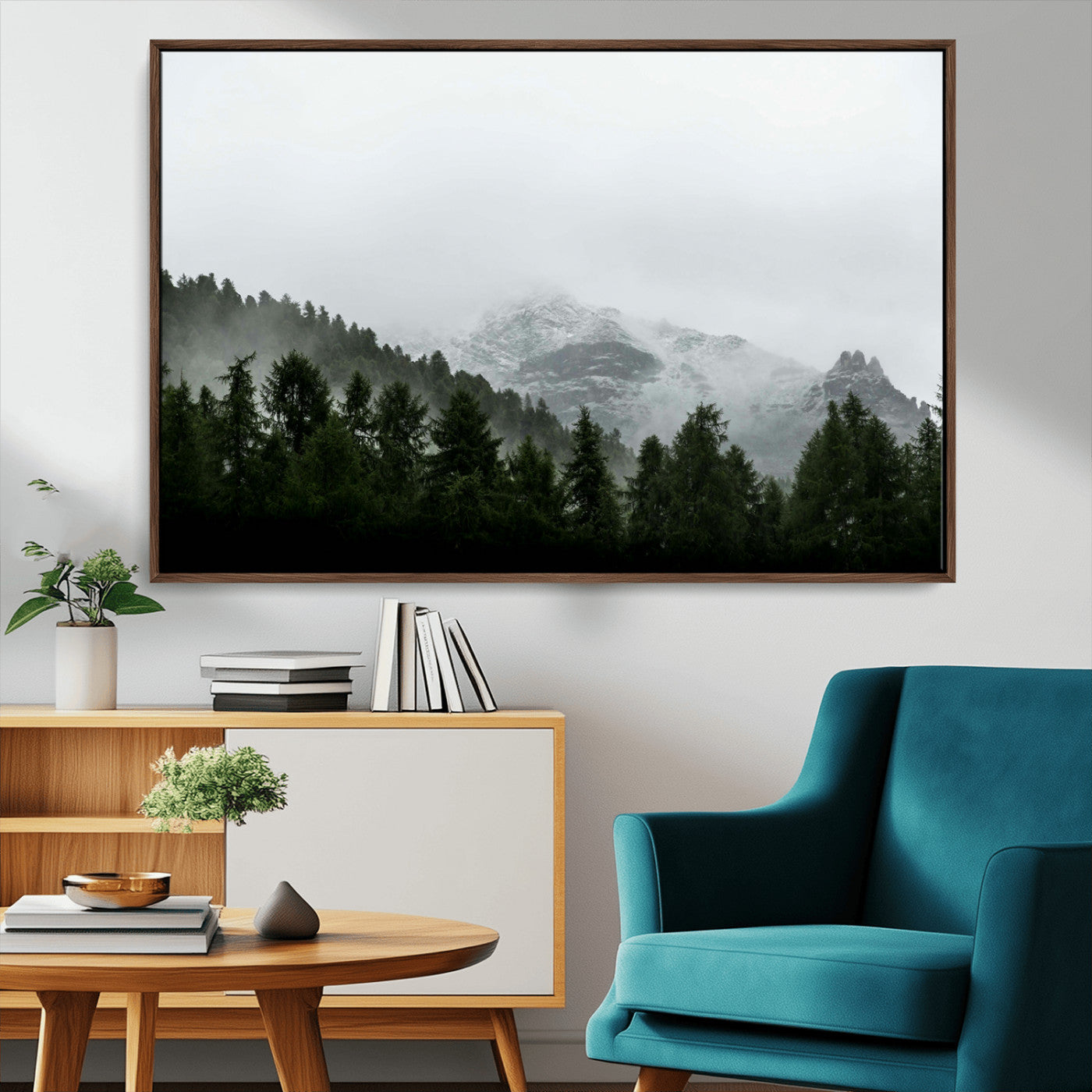 55968349-MGV-CV-36X24-Misty Mountains Wall Art Canvas Print, Framed Foggy Forest Art Picture Print, Snowy Peaks Perfect Moody Wilderness Decor Artwork