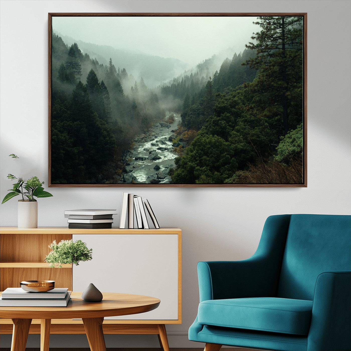 48497565-MGV-CV-36X24-Misty Forest Wall Art Canvas Print, Framed Foggy River Art Picture Print, Moody Landscape Perfect Moody Wilderness Decor Artwork