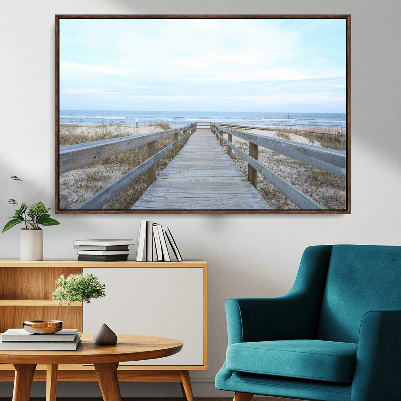 31602988-MGV-CV-36X24-Beach Boardwalk Wall Art Canvas Print, Framed Coastal Serenity Art Picture Print, Ocean View Perfect Coastal Minimalist Decor