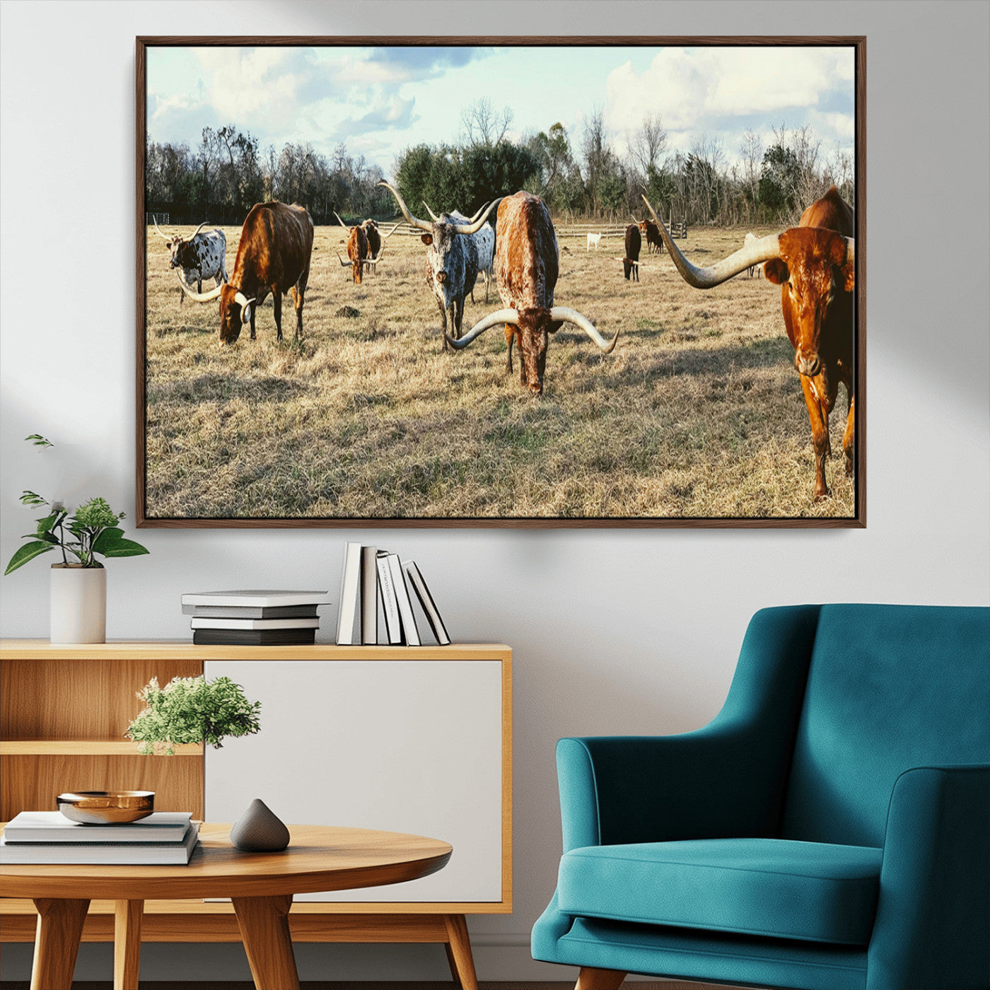 39144651-MGV-CV-36X24-Texas Longhorns Wall Art Canvas Print, Framed Rustic Farm Scene Art Picture Print, Western Cattle Perfect Rustic Farmhouse Decor