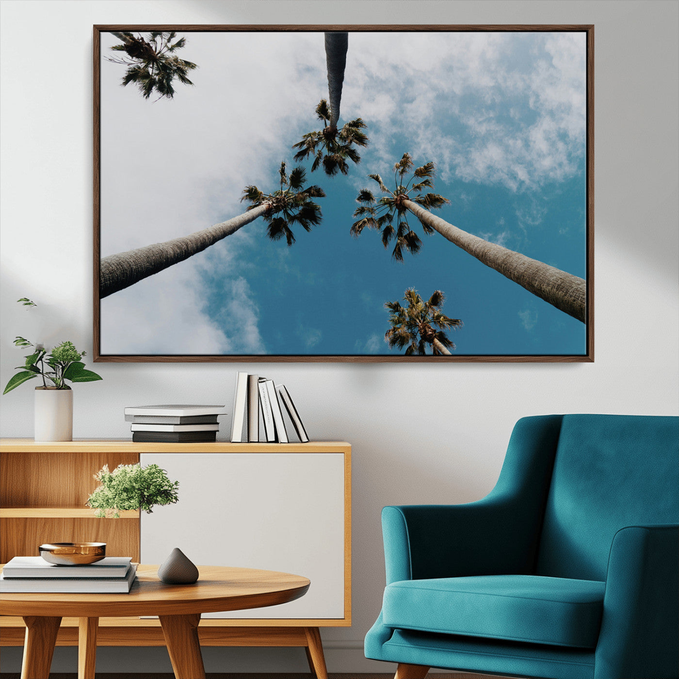 45236398-MGV-CV-36X24-Tropical Palm Trees Wall Art Canvas Print, Framed California Sky Art Picture Print, Minimalist Nature Perfect Coastal Minimalist