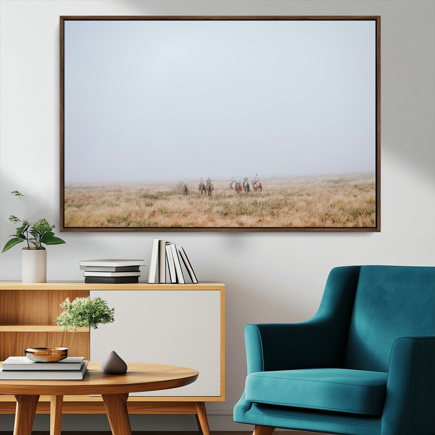 14761944-MGV-CV-36X24-Foggy Plains Wall Art Canvas Print, Framed Horseback Riders Art Picture Print, Rustic Western Perfect Rustic Western Decor Artwork