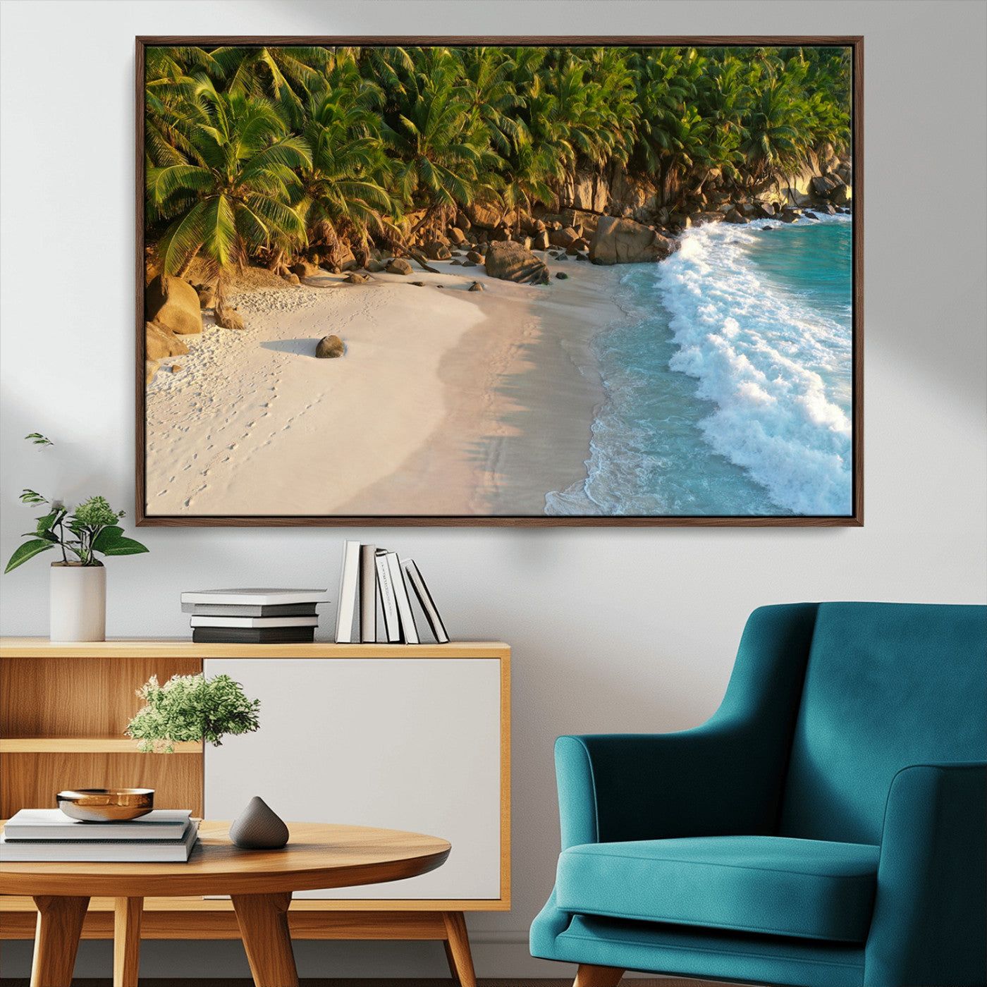 82312665-MGV-CV-36X24-Tropical Beach Wall Art Canvas Print, Framed Ocean Waves Art Picture Print, Palm Trees Perfect Coastal Minimalist Decor Artwork