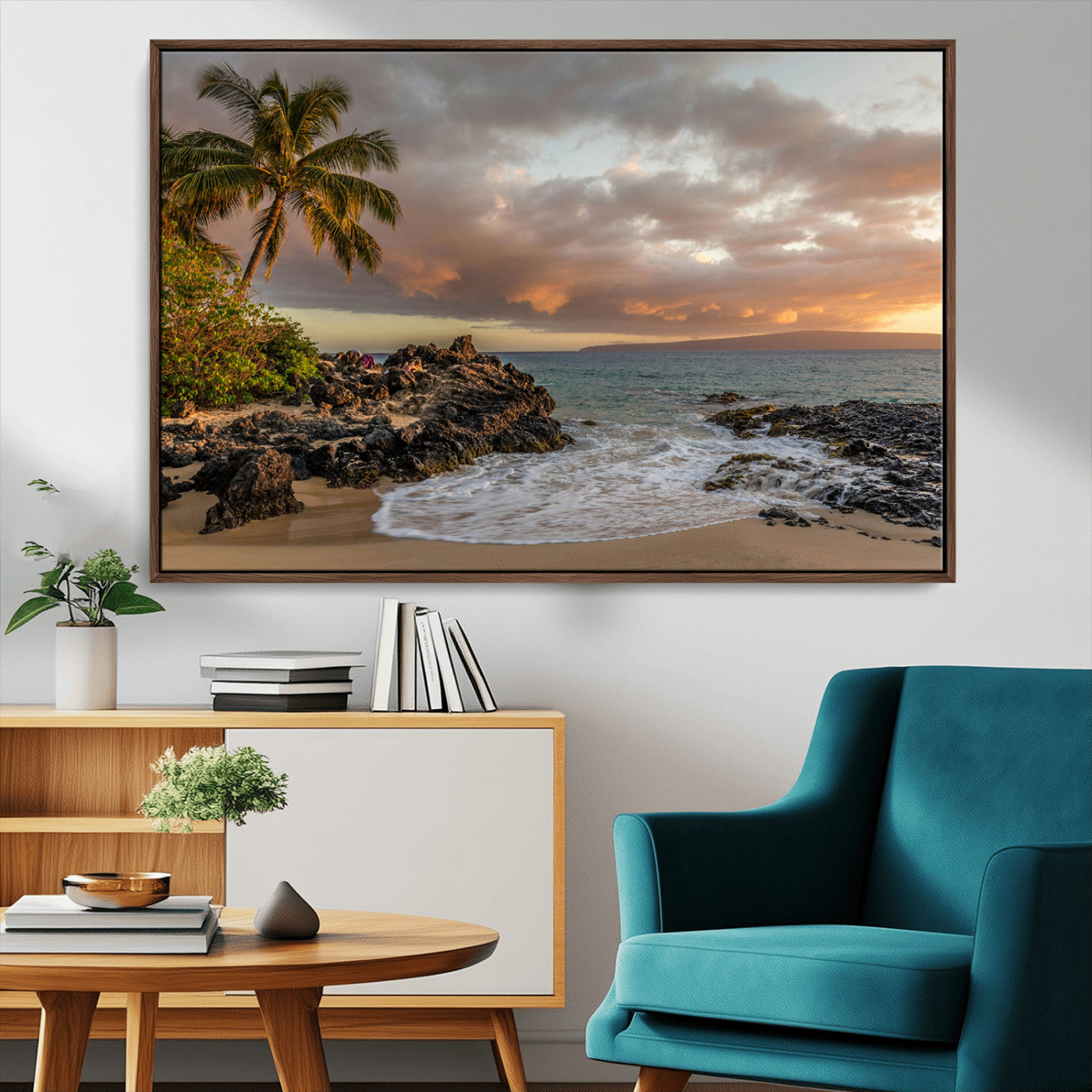 55108220-MGV-CV-36X24-Tropical Beach Wall Art Canvas Print, Framed Hawaiian Sunset Art Picture Print, Ocean Waves Perfect Coastal Tropical Decor Artwork